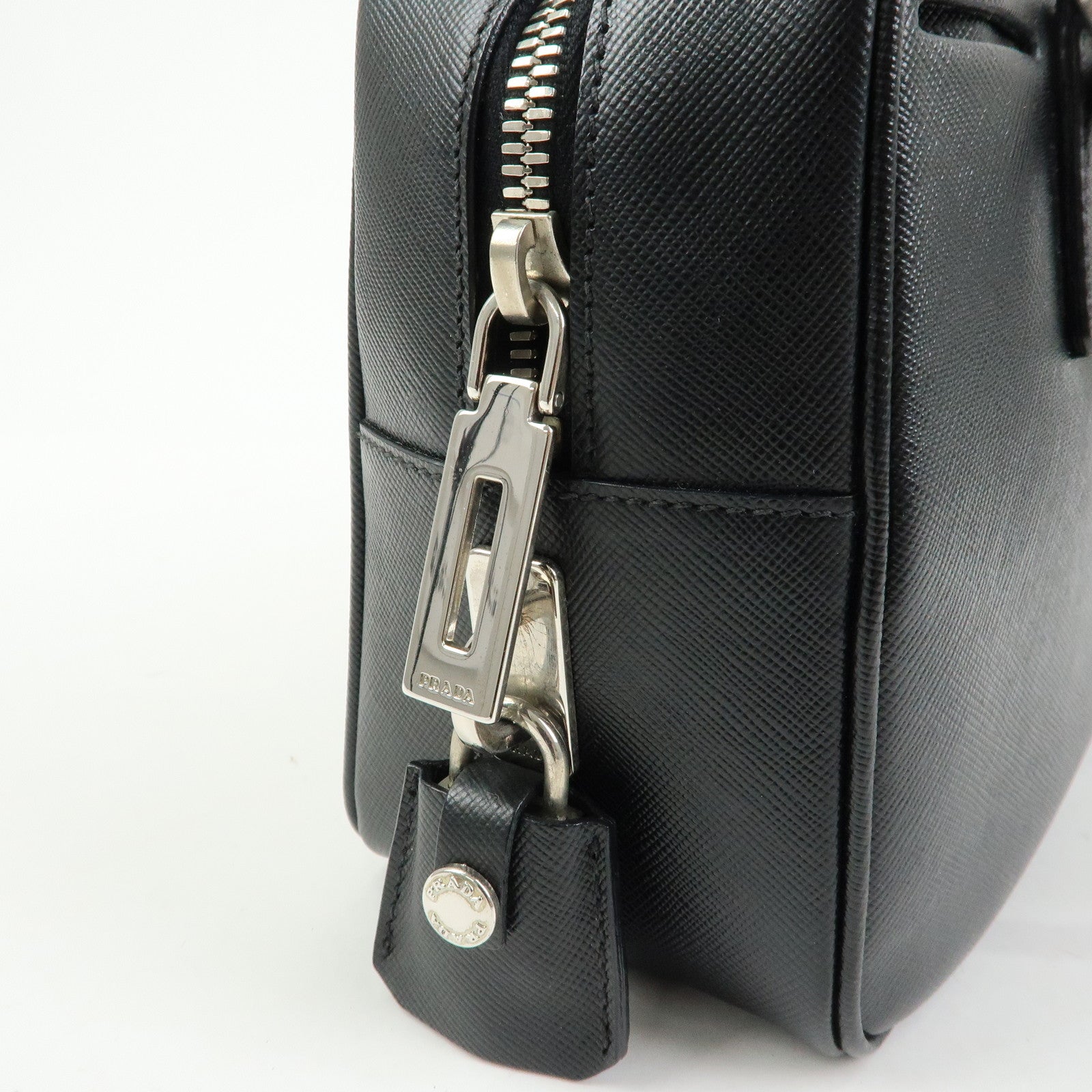 PRADA Triangle Logo Saffiano Leather Hand Bag Boston Bag Black