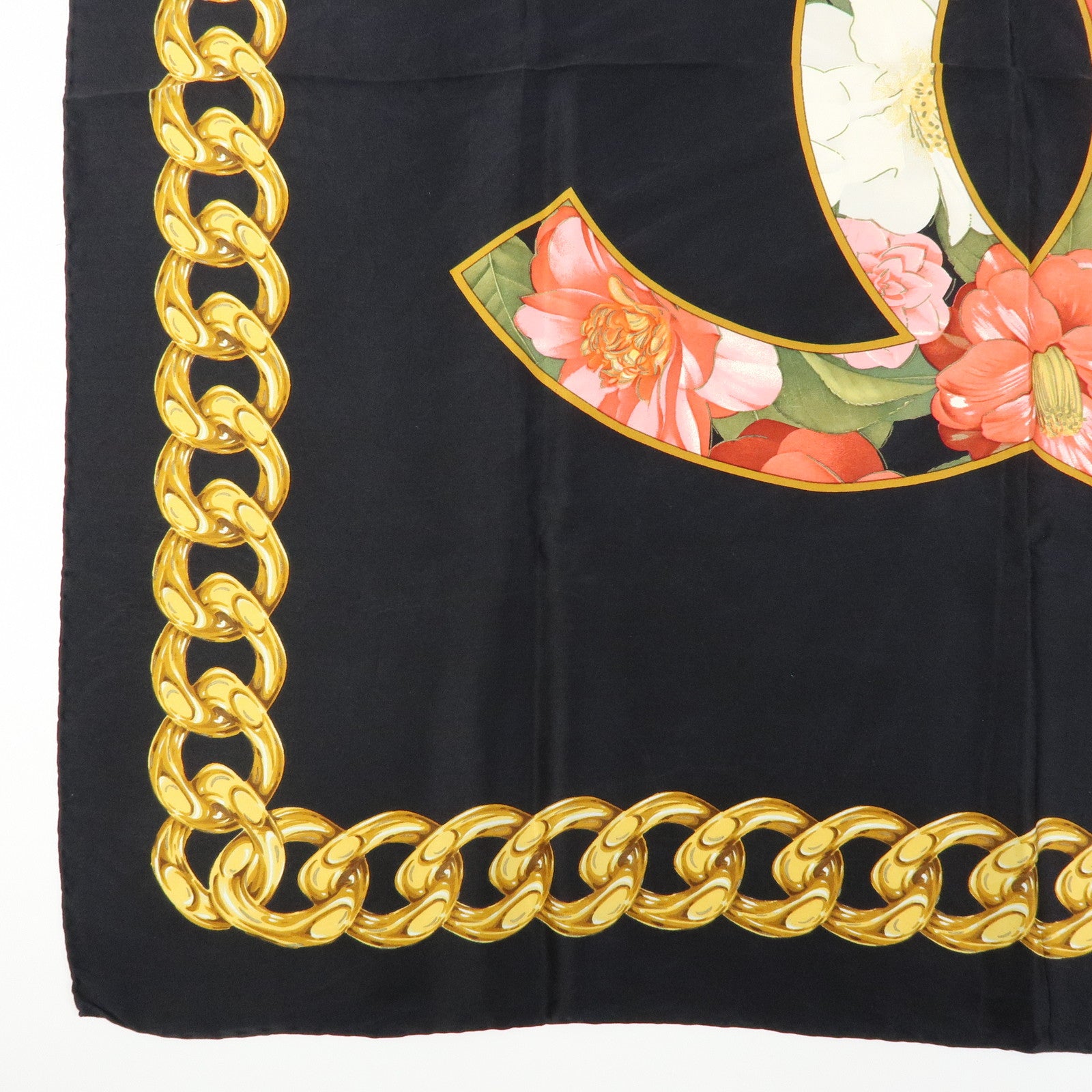CHANEL COCO Mark Silk 100% Scarf Floral Motif Black Gold