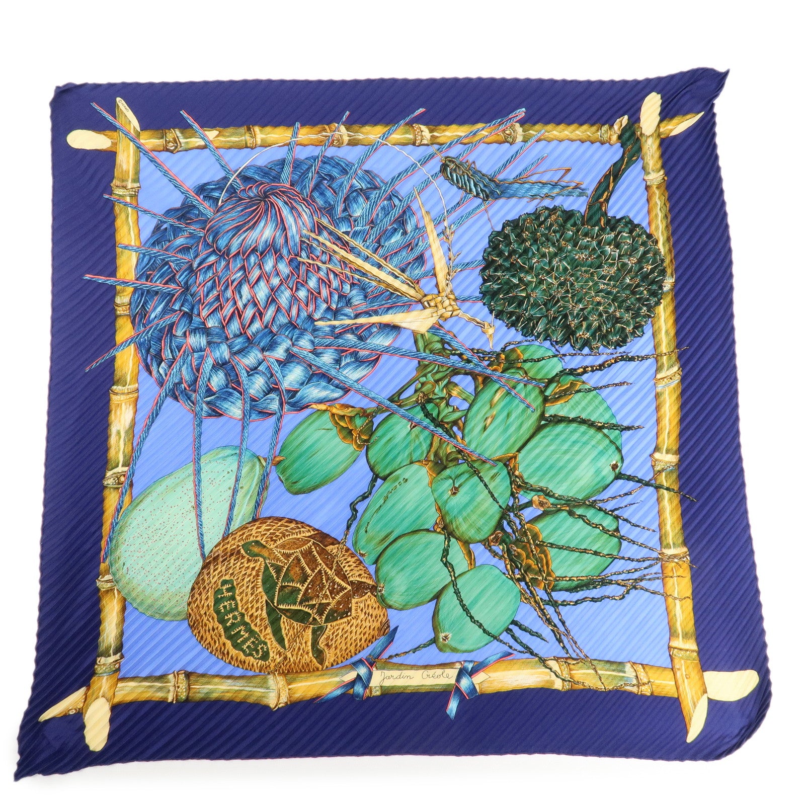 HERMES Carre Silk 100% Pleats Scarf Jardin Creole Blue Green Navy Used