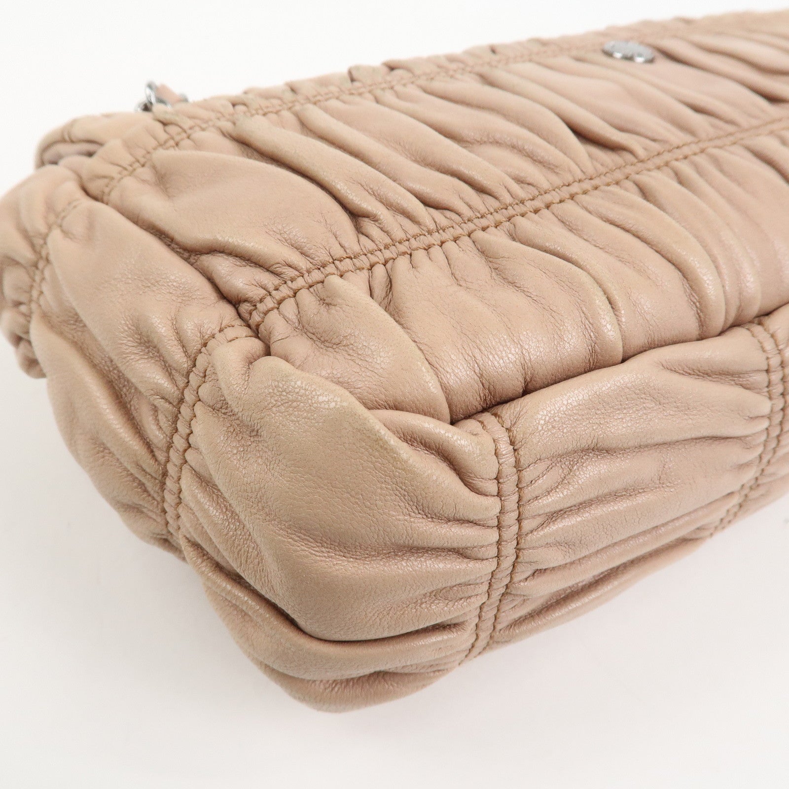 PRADA Leather Gathered Chain Shoulder Bag Pink Beige B4695C