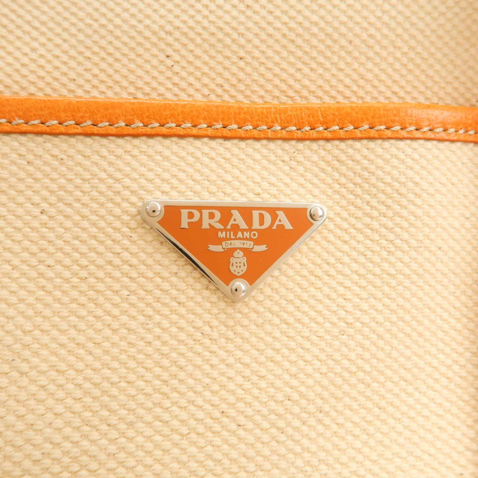 PRADA Triangle Logo Canvas Leather Tote Bag Natural Orange BR2920