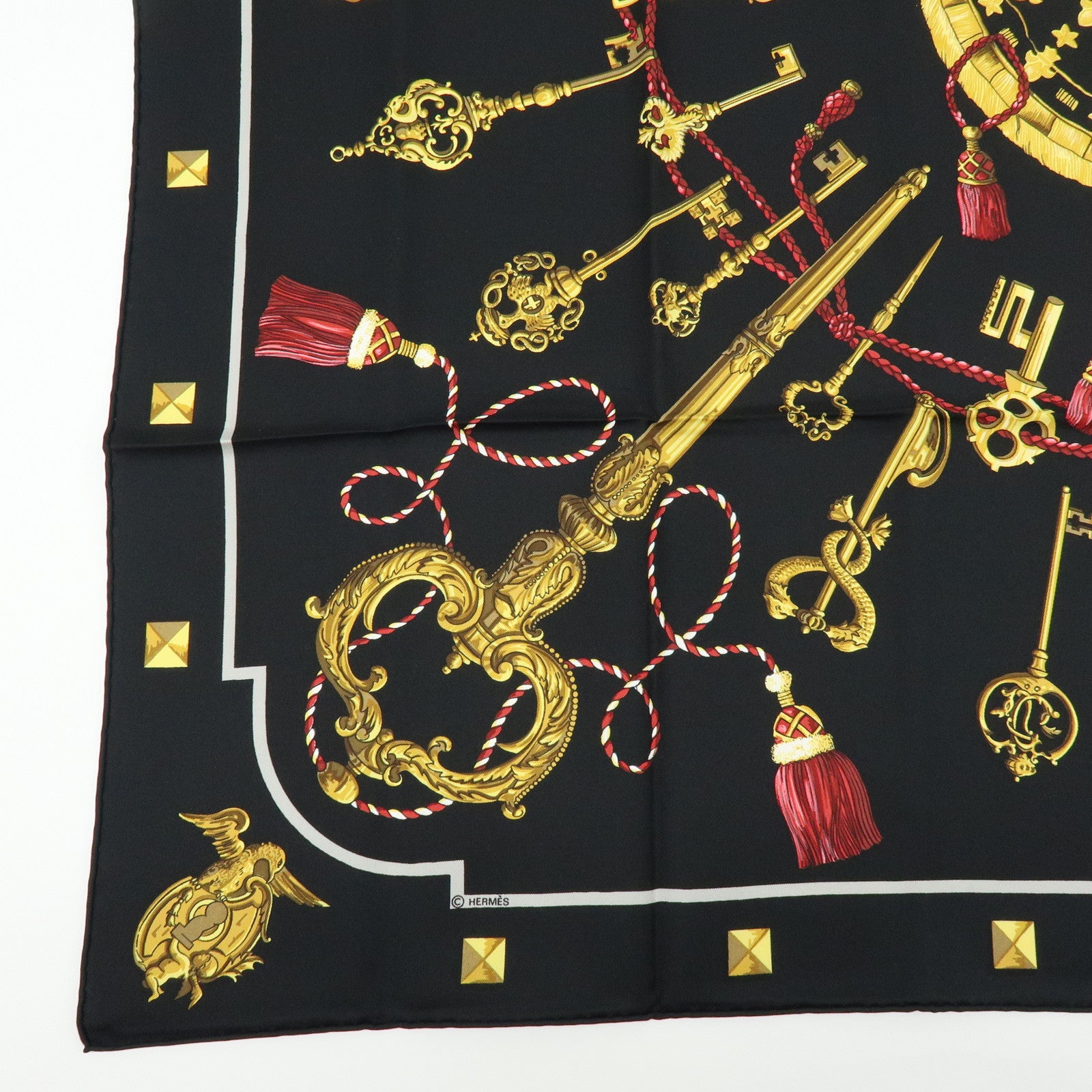 HERMES Carre 90 Silk 100% Scarf LES CLES THE KEYS RARE Black