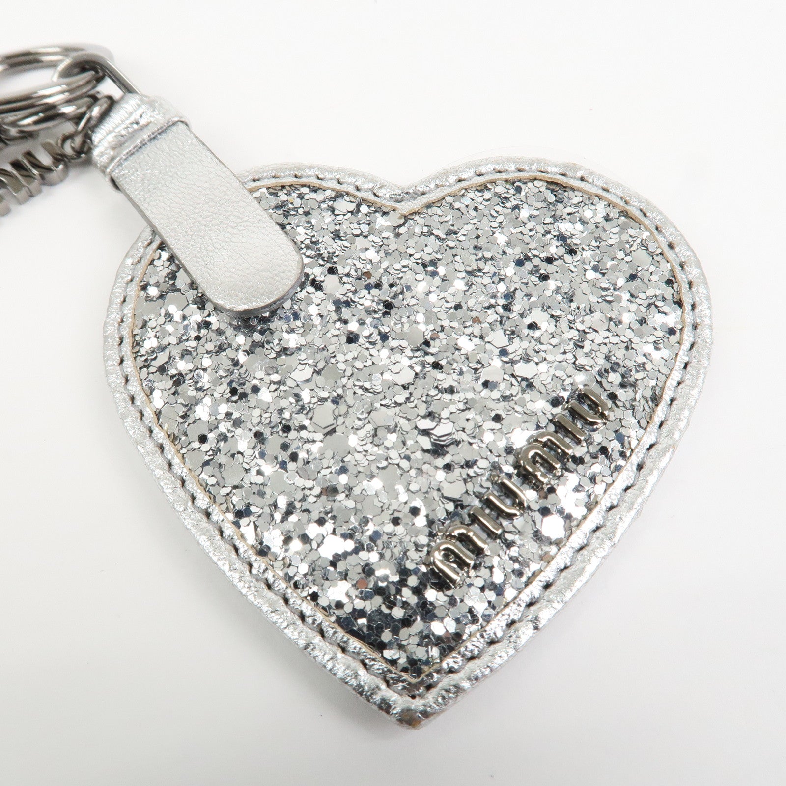 MIU MIU Heart Motif Glitter Leather Key Chain Bag Charm Silver