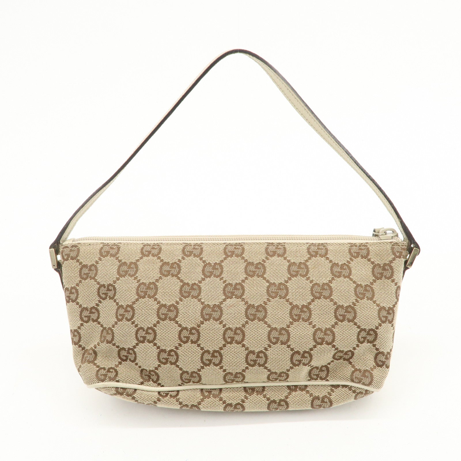 GUCCI Boat Bag GG Canvas Leather Hand Bag Pouch Brown Ivory 07198