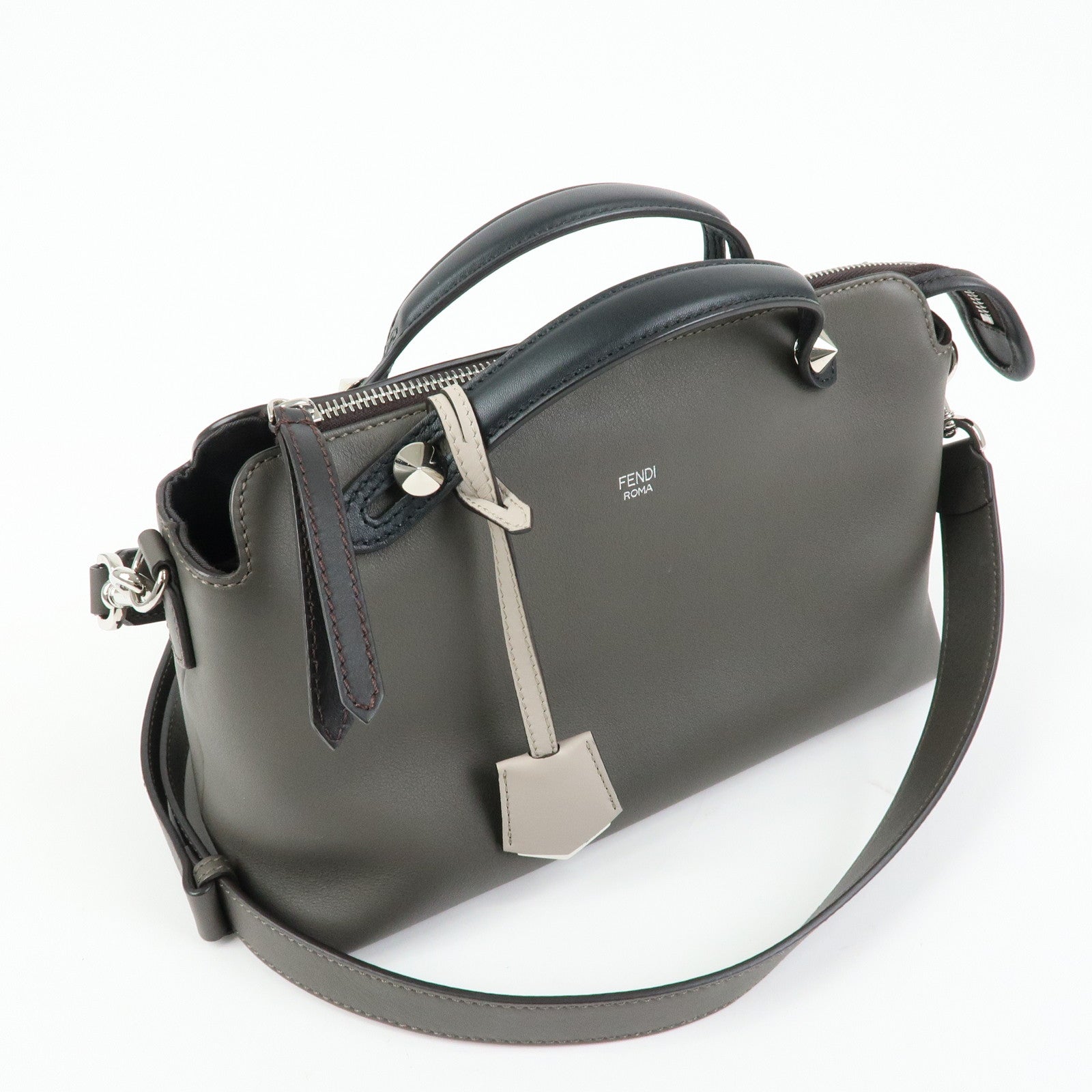 FENDI By The Way Medium Leather 2Way Bag Hand Bag Gray 8BL146