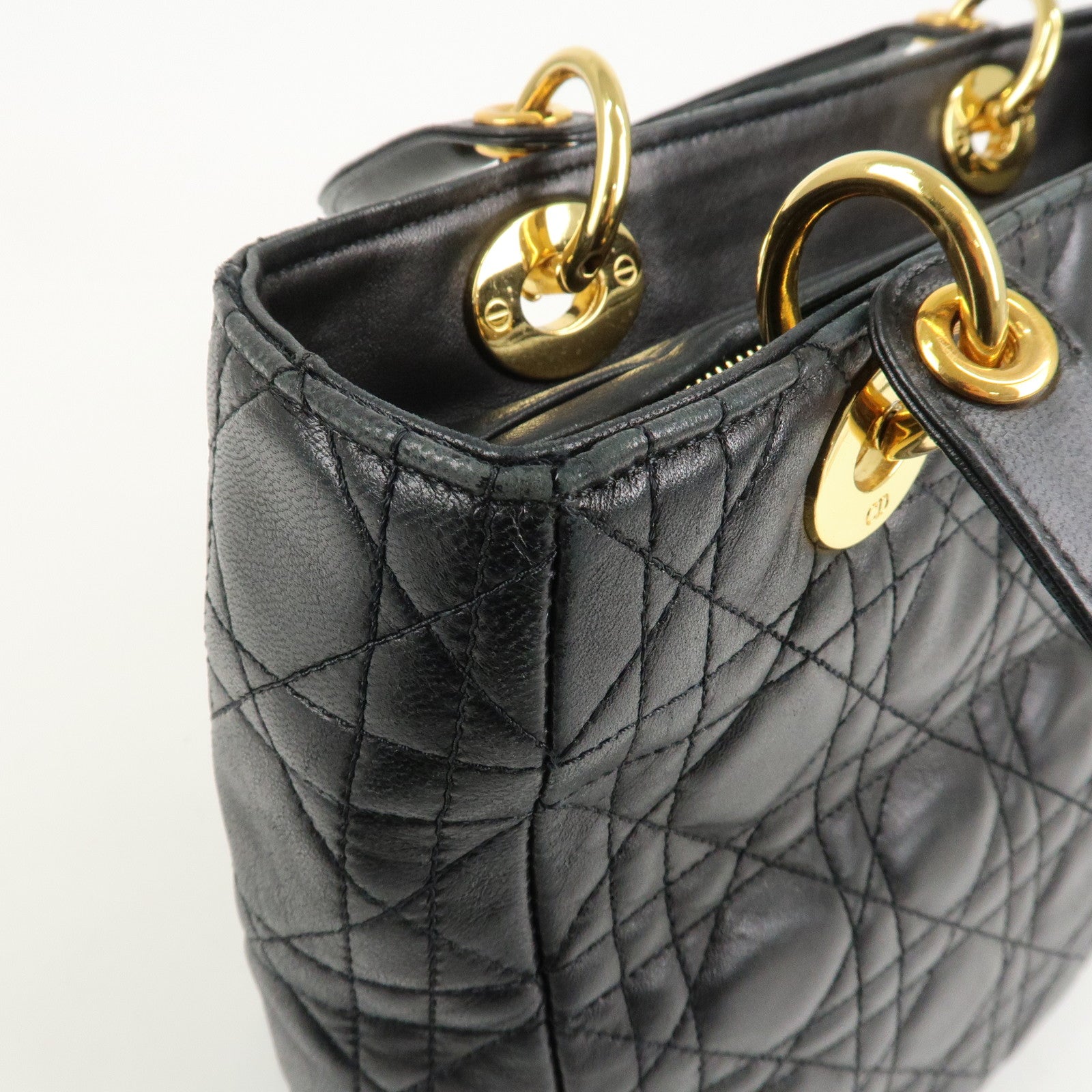 Christian Dior Lady Dior Canage Leather Hand Bag Black Used