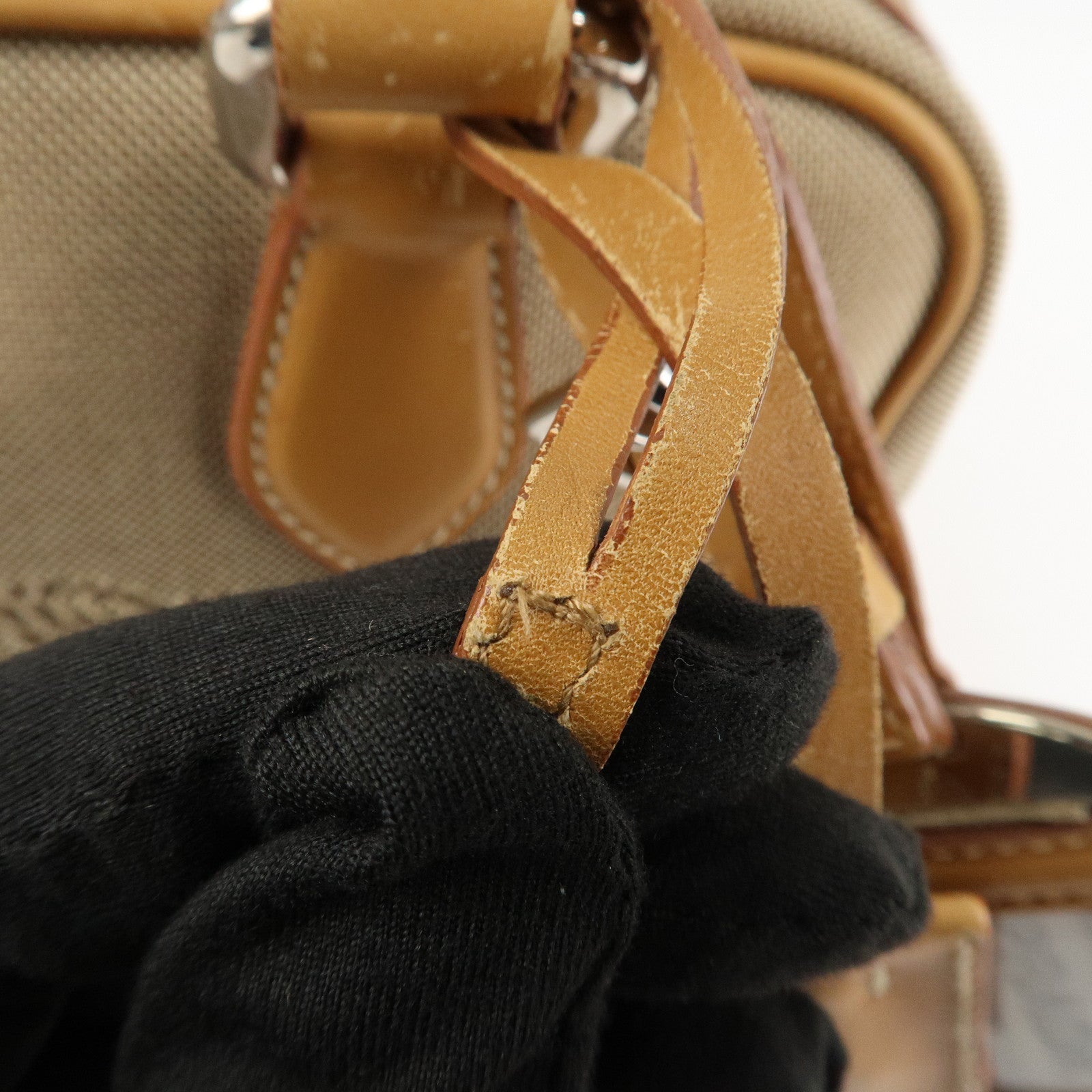 PRADA Logo Jacquard Leather Boston Bag Shoulder Bag Beige Used