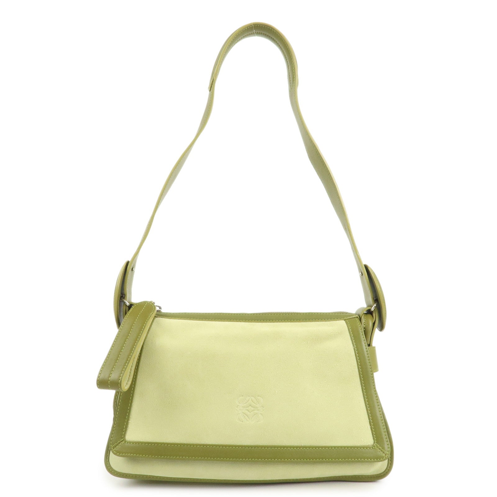 LOEWE Anagram Leather Suede Shoulder Bag Green Silver HDW Used