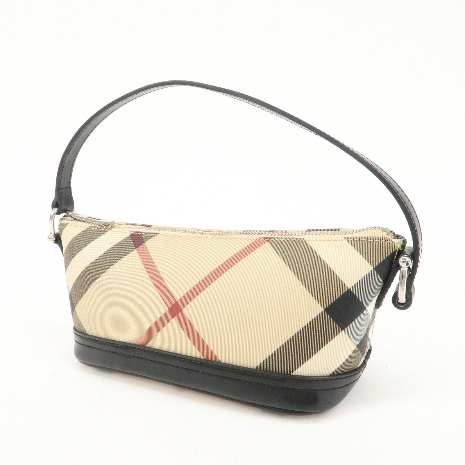 BURBERRY Leather PVC Boat Bag Hand Bag Shoulder Bag Nova Plaid Black Used