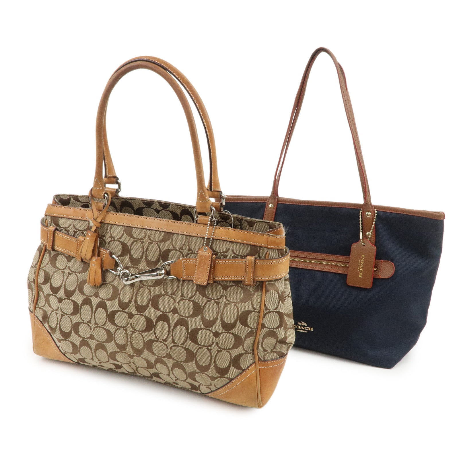 COACH Signature Set Of 2 Canvas Leather Hand Bag Brown Navy