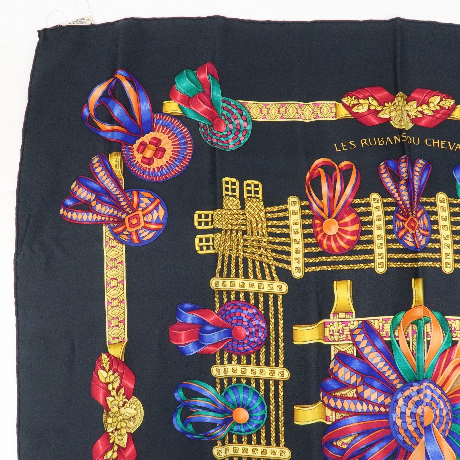 HERMES Carre90 Silk 100% Scarf Black Yellow Used