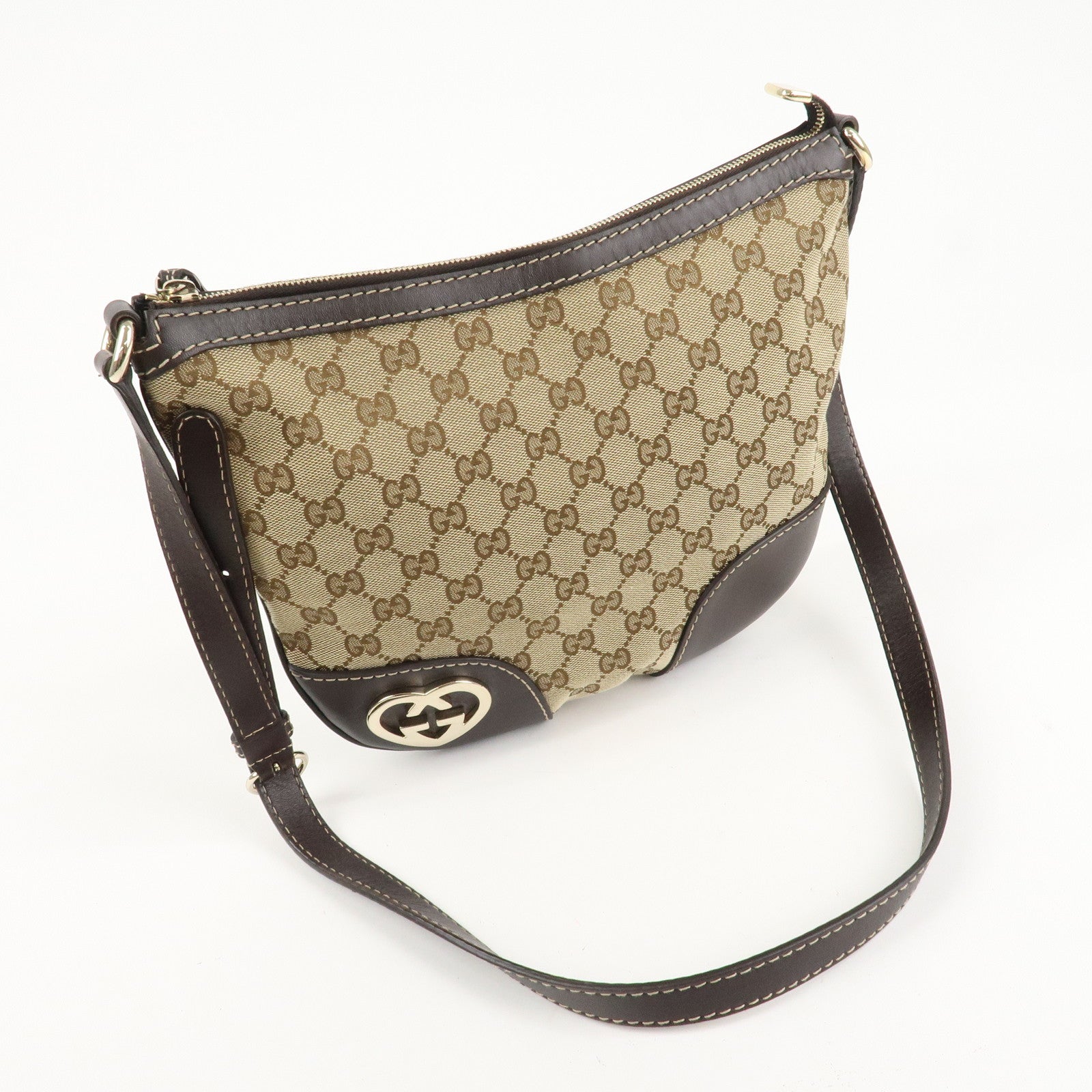 GUCCI Lovely Heart GG Canvas Leather Shoulder Bag Brown 257072 Used