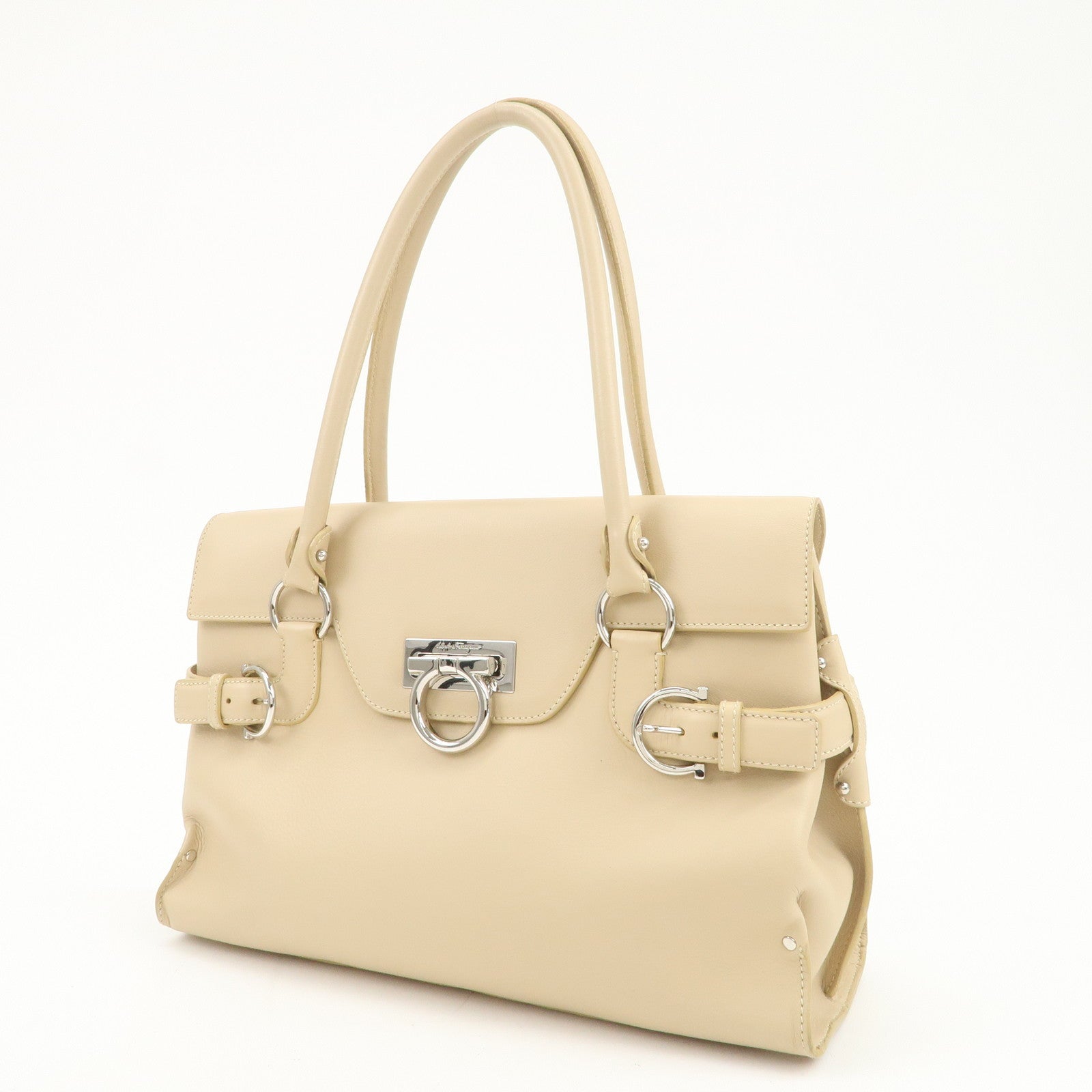 Ferragamo Gancini Logo Leather Shoulder Bag Hand Bag Beige