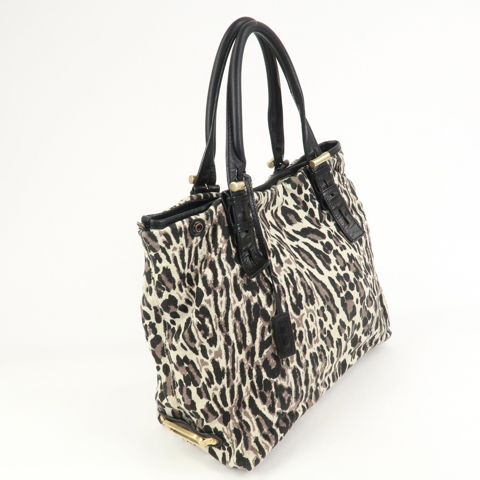 JIMMY CHOO Leopard Canvas Leather Tote Bag Shoulder Bag Ivory Black