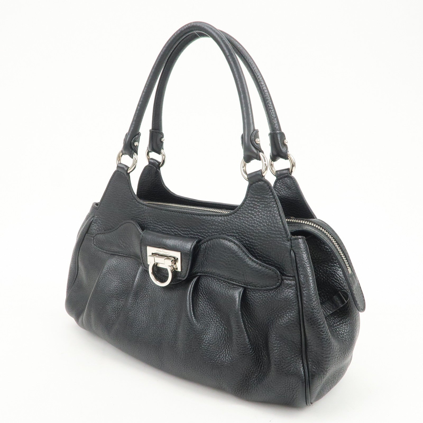 Ferragamo Gancini Leather Hand Bag Shoulder Bag Black Silver