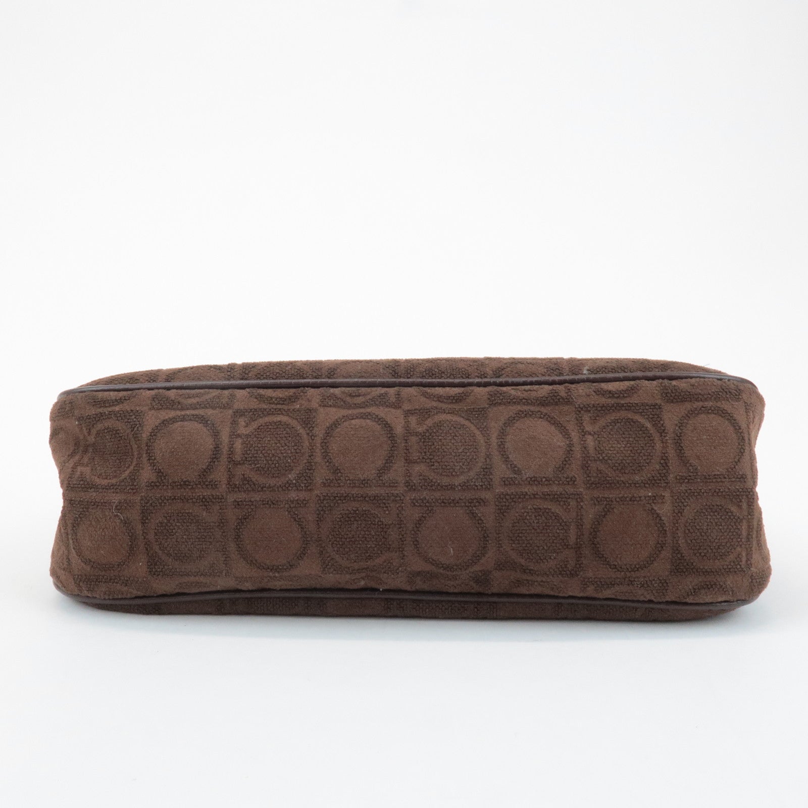 Ferragamo Gancini Leather Cotton Accessoires Pouch Hand Bag Brown Used