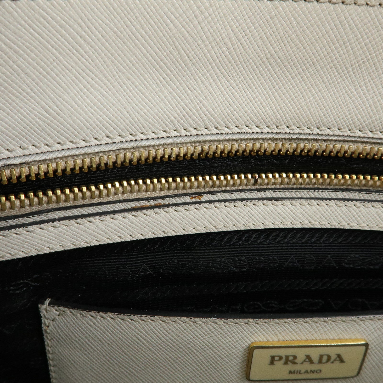 PRADA Triangle Logo Saffiano Leather Hand Bag Tote Bag Ivory Black