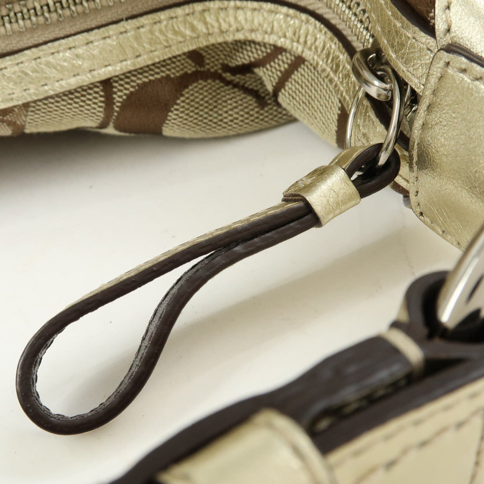 COACH Signature Patchwork Canvas Leather Shoulder Bag Beige Gold
