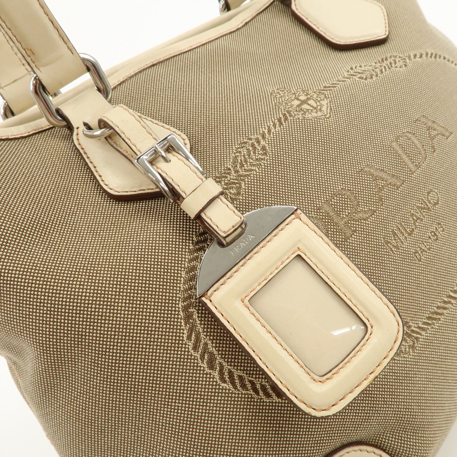 PRADA Logo Jacquard Leather 2Way Shoulder Bag Tote Bag Beige BR3414