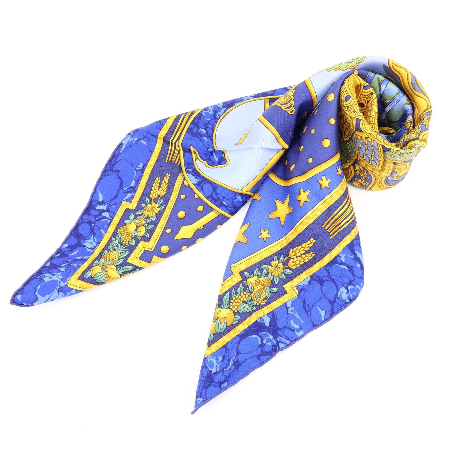 HERMES Carre 90 Silk 100% Scarf CARPE DIEM Blue Yellow