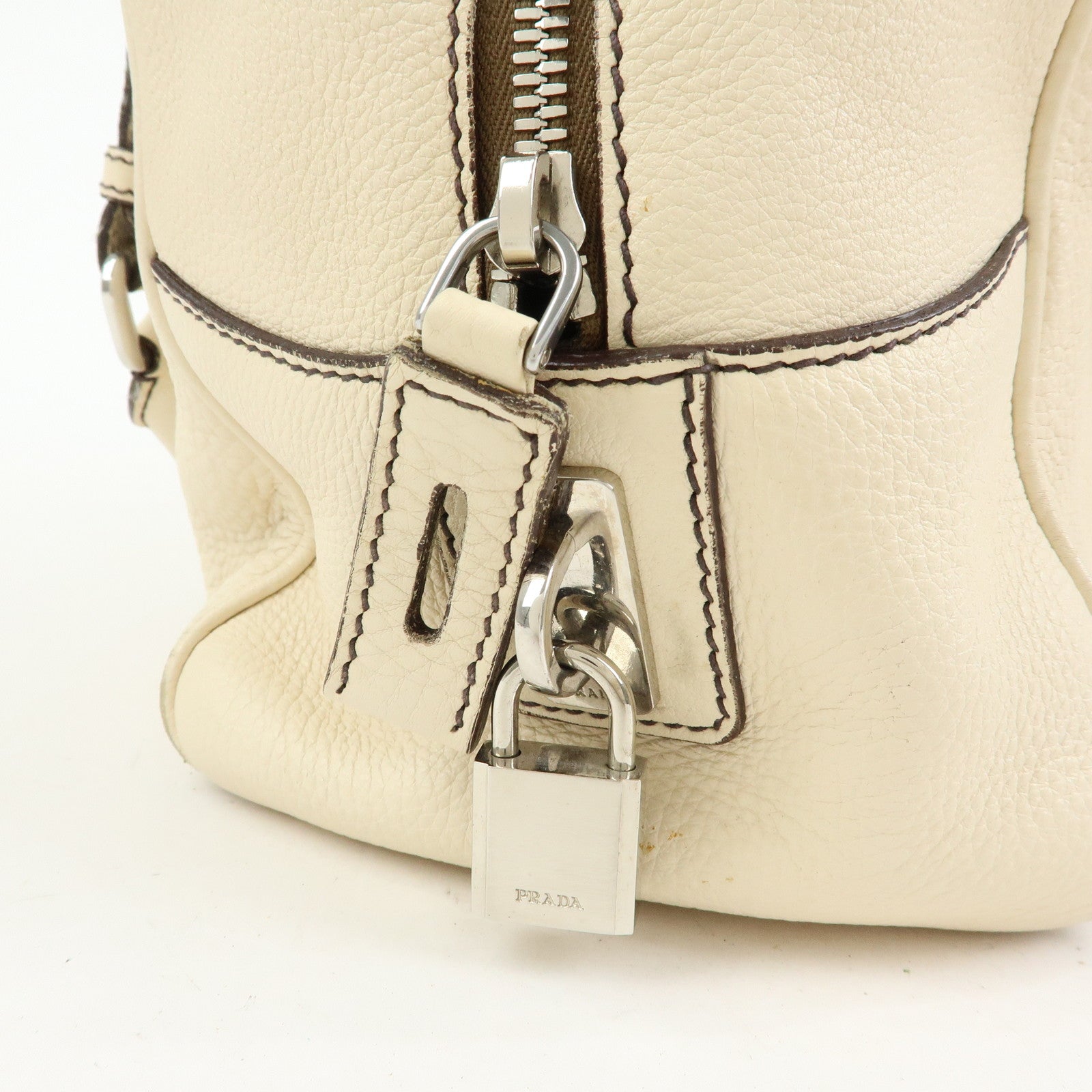 PRADA Vitello Daino Leather Boston Bag Shoulder Bag Ivory BR3091