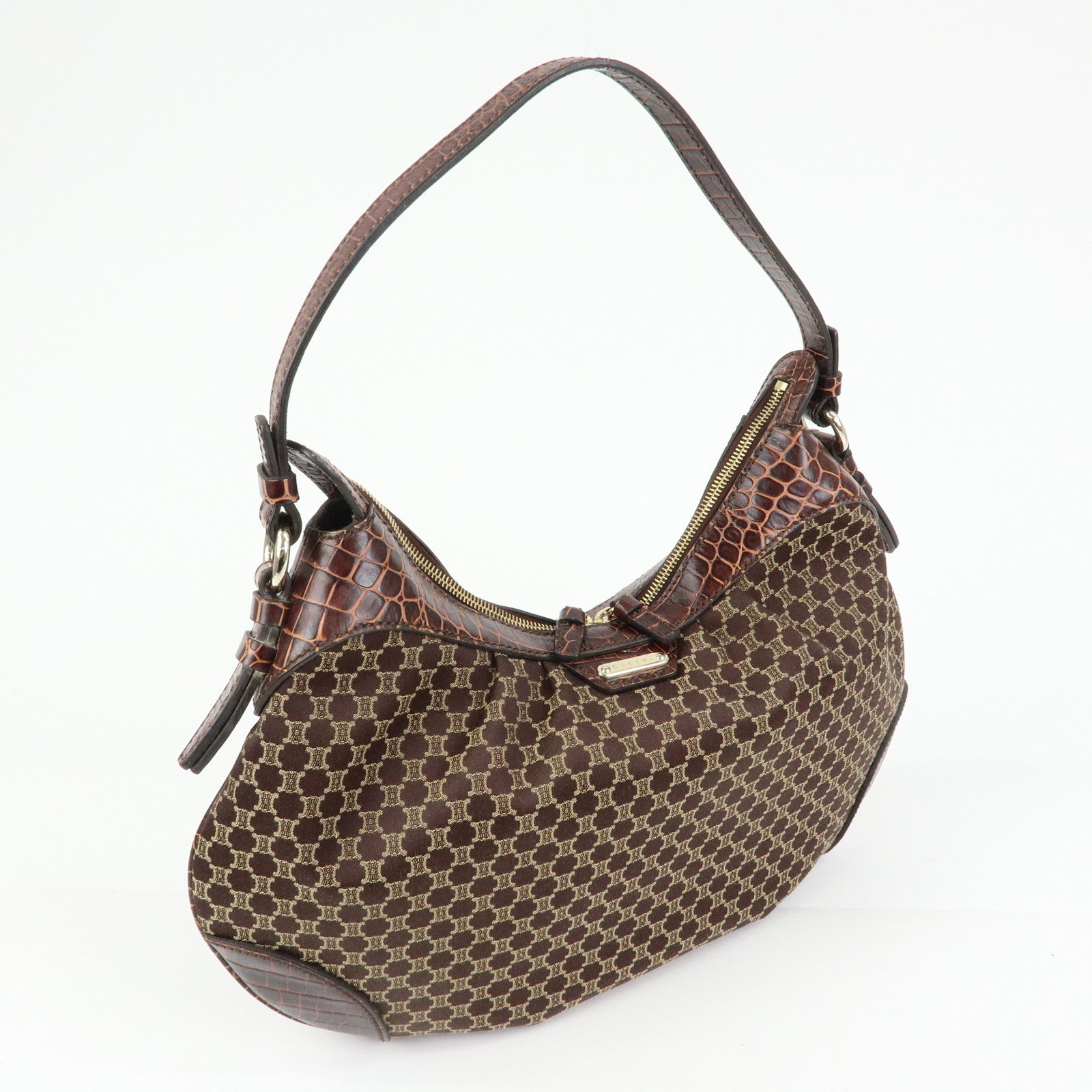 CELINE Macadam Canvas Leather Shoulder Bag Hand Bag Brown