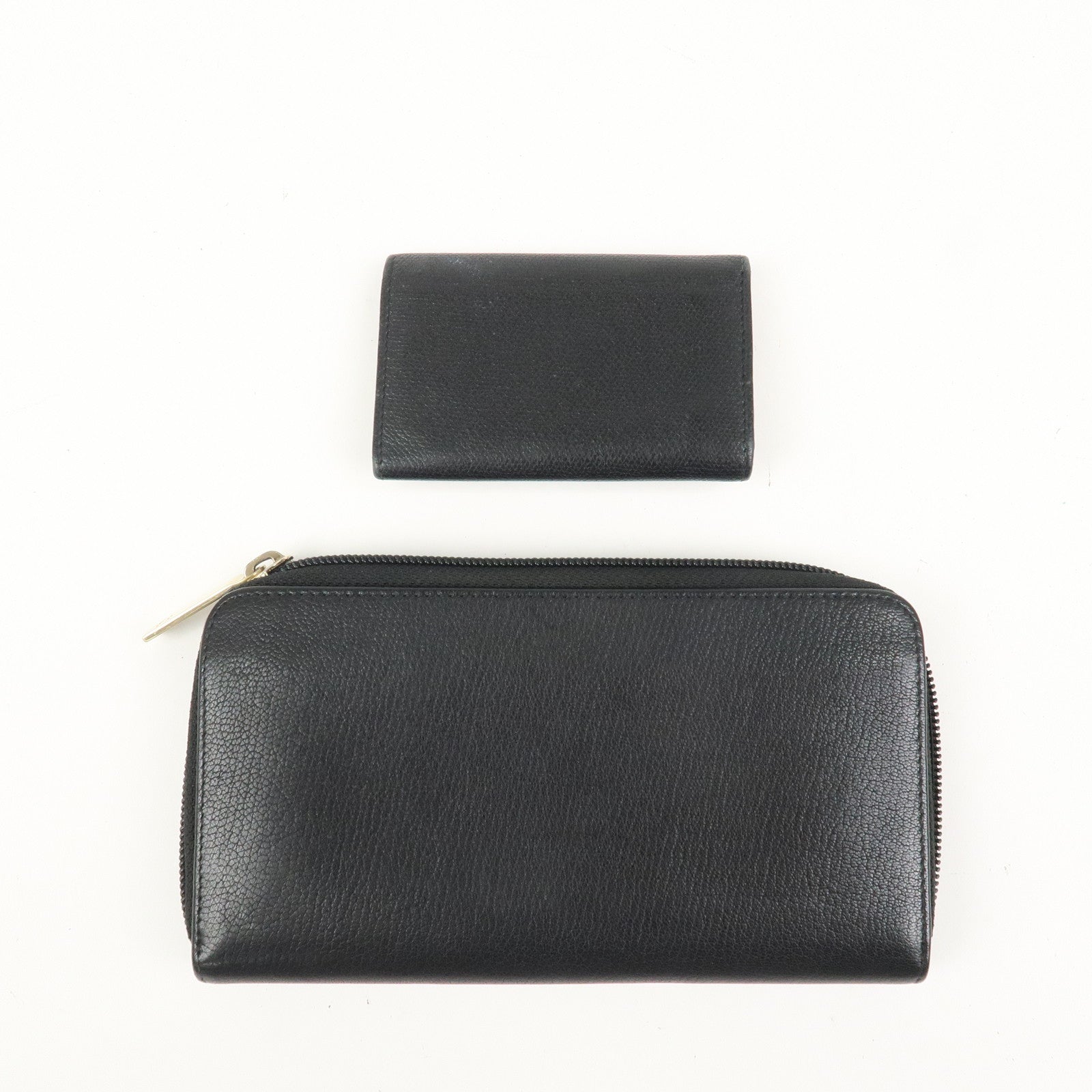CHANEL Set Of 2 Leather Bi-Fold Long Wallet Key Case Black Gold