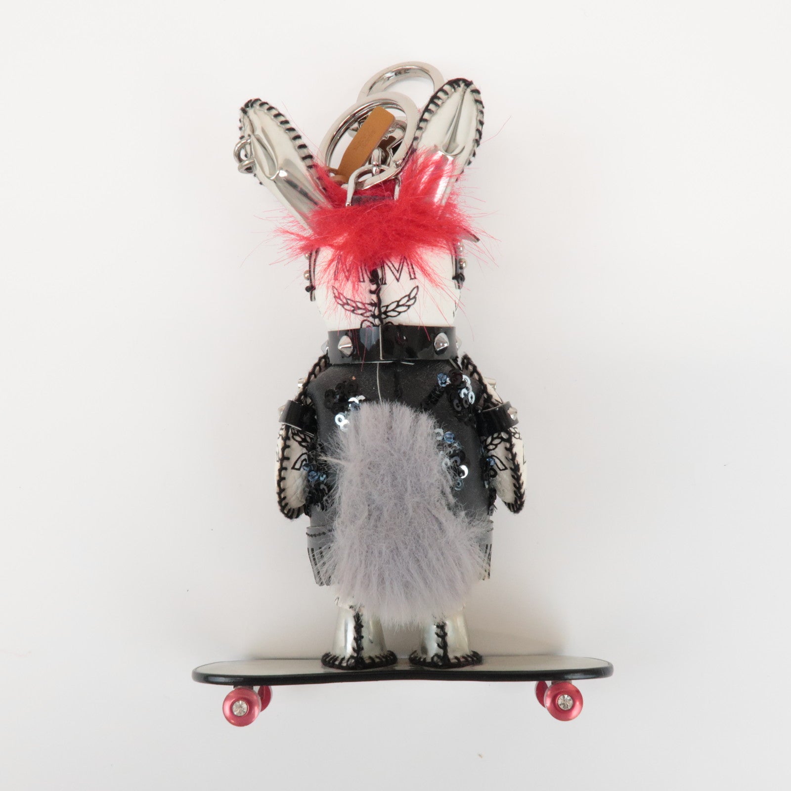 MCM Rabbit Skateboard Leather Metal Key Holder Ivory Black
