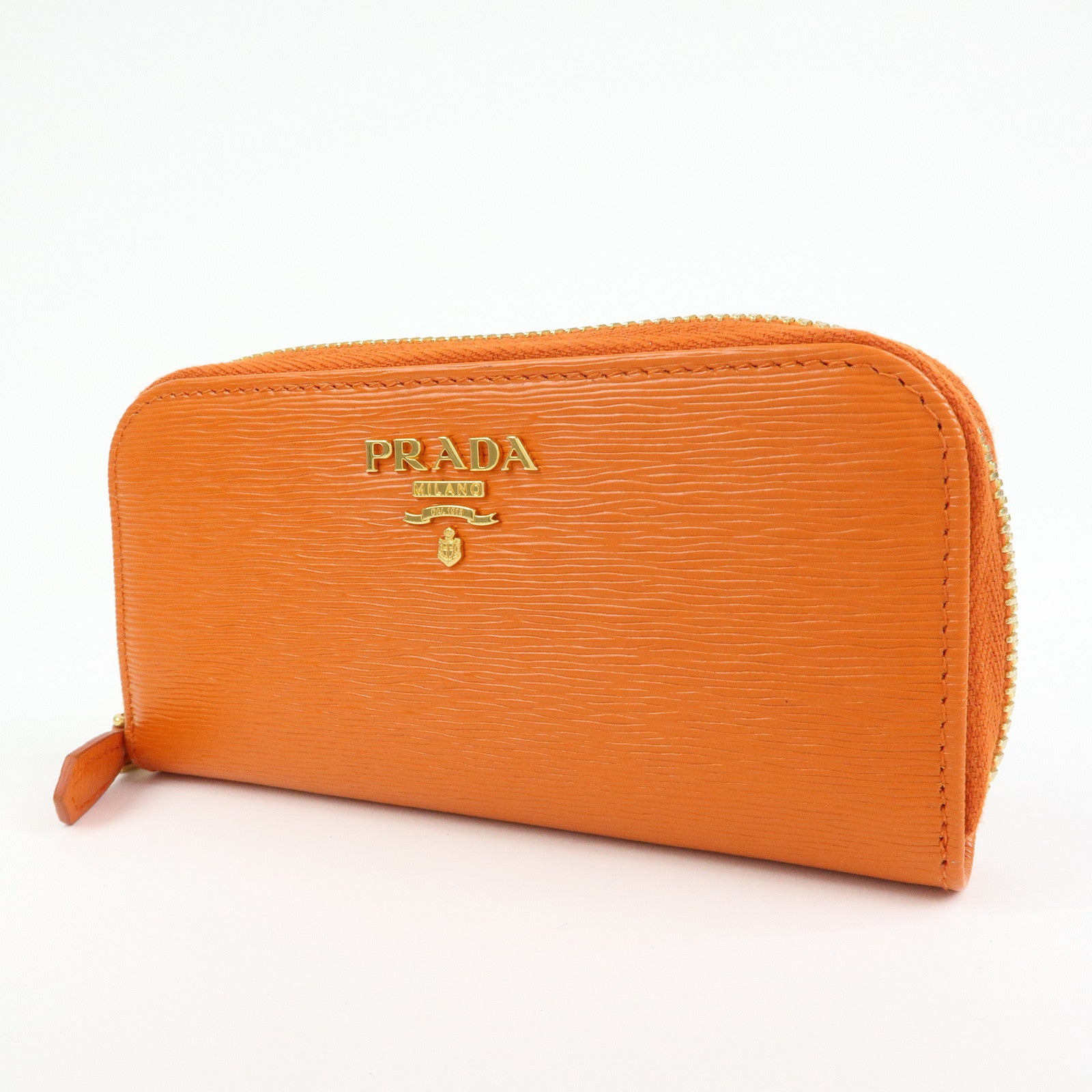PRADA Saffiano Leather Round Zippy 6 Rings Key Case Orange 1PG604