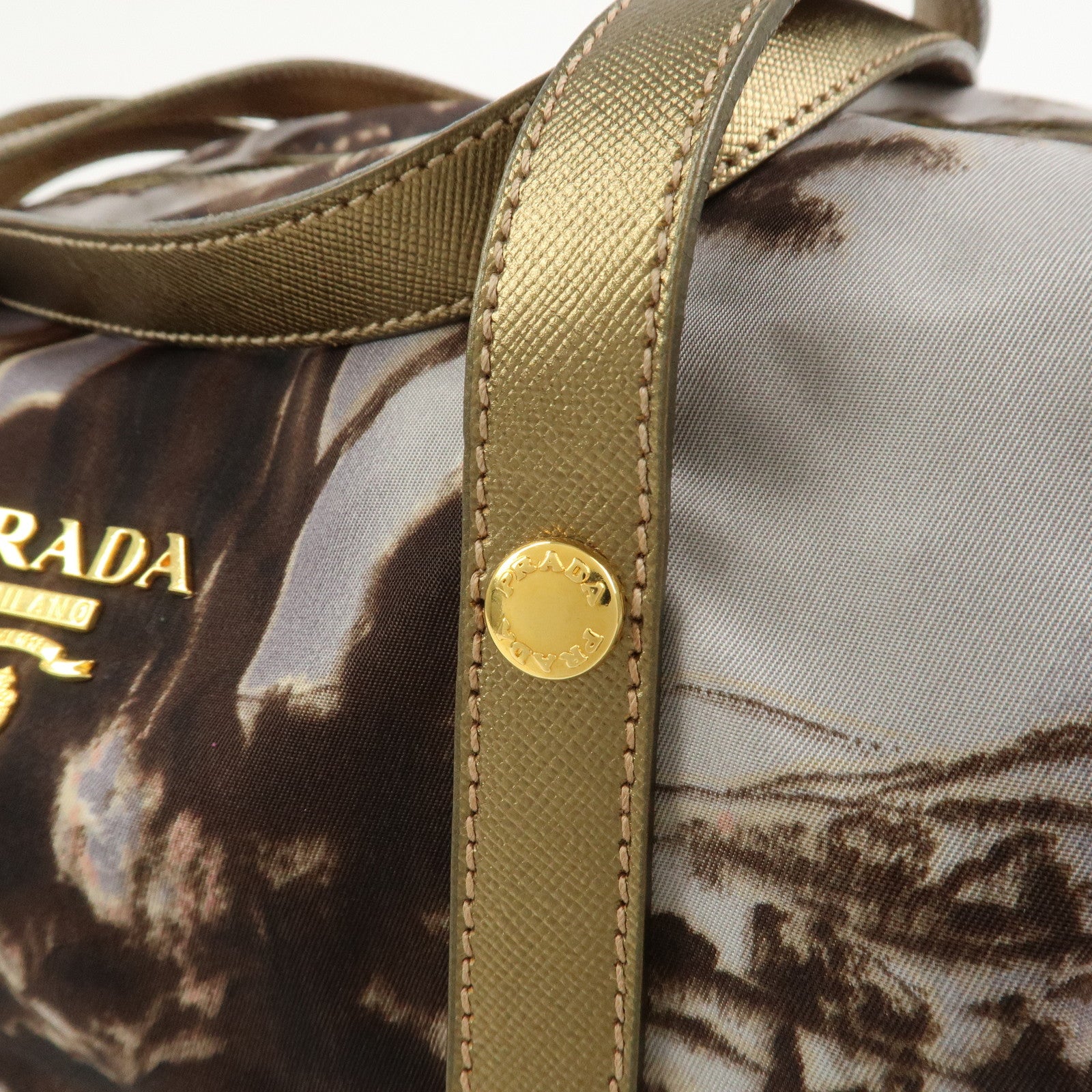 PRADA Logo Nylon Leather Boston Bag Shoulder Bag Gray Gold BL0567