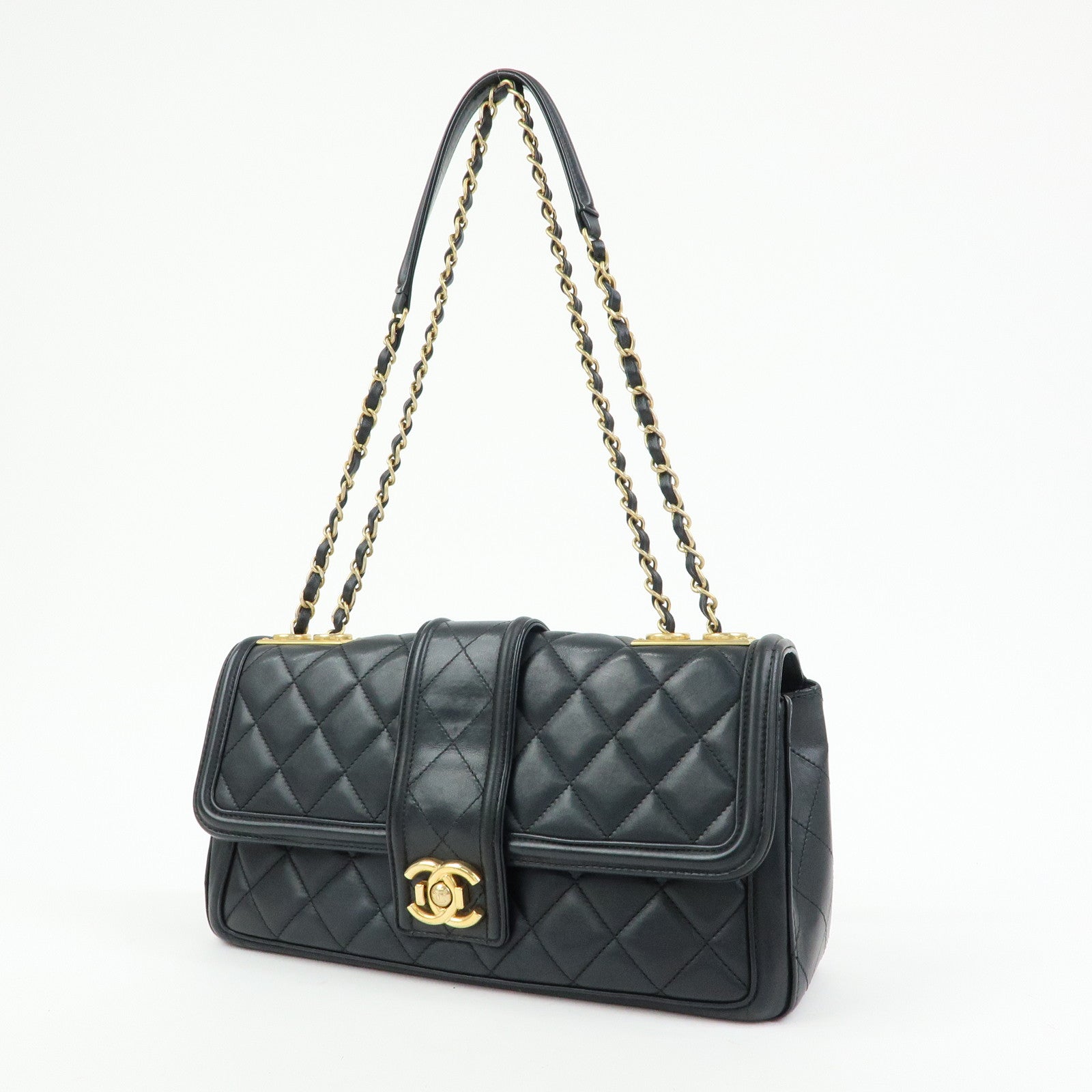 CHANEL Matelasse Lamb Skin Double Chain Single Flap Shoulder Bag