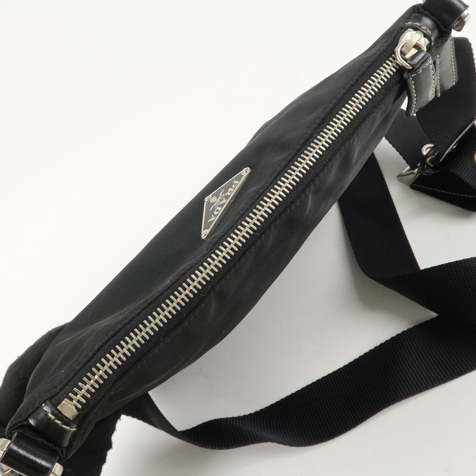 PRADA Triangle Logo Leather Nylon Shoulder Bag Crossbody Bag Black Used