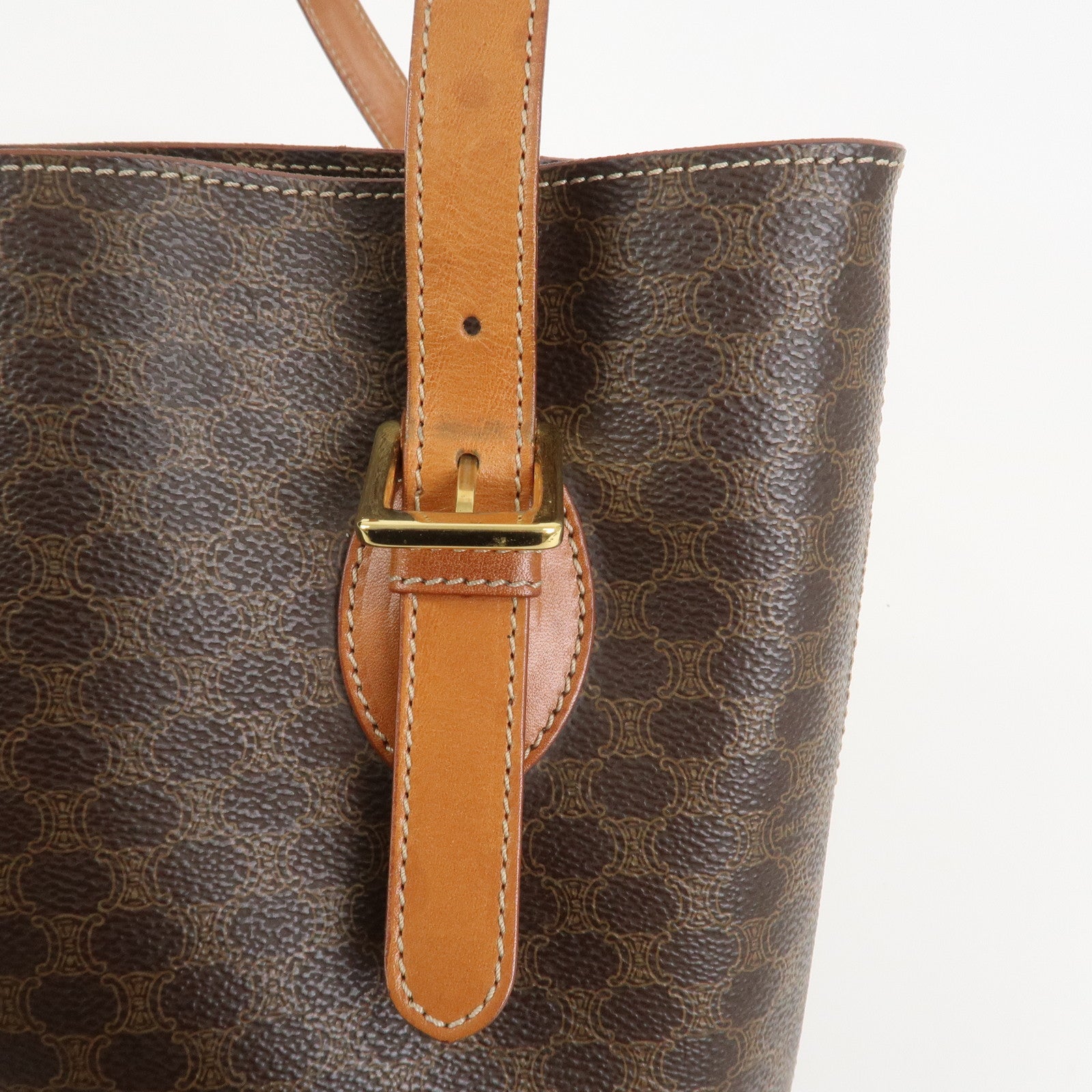 CELINE Macadam PVC Canvas Leather Tote Bag Hand Bag Brown
