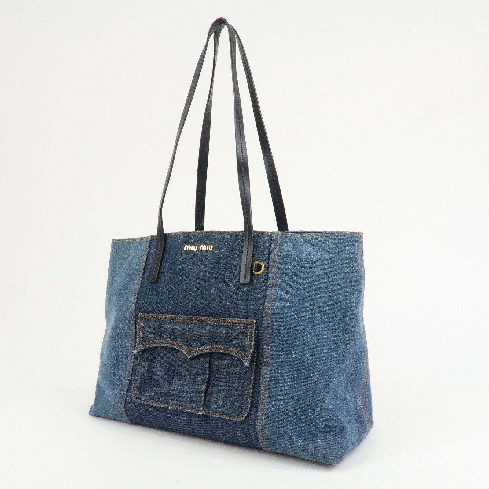 MIU MIU Denim Leather Tote Bag Shoulder Bag Navy 5BG024