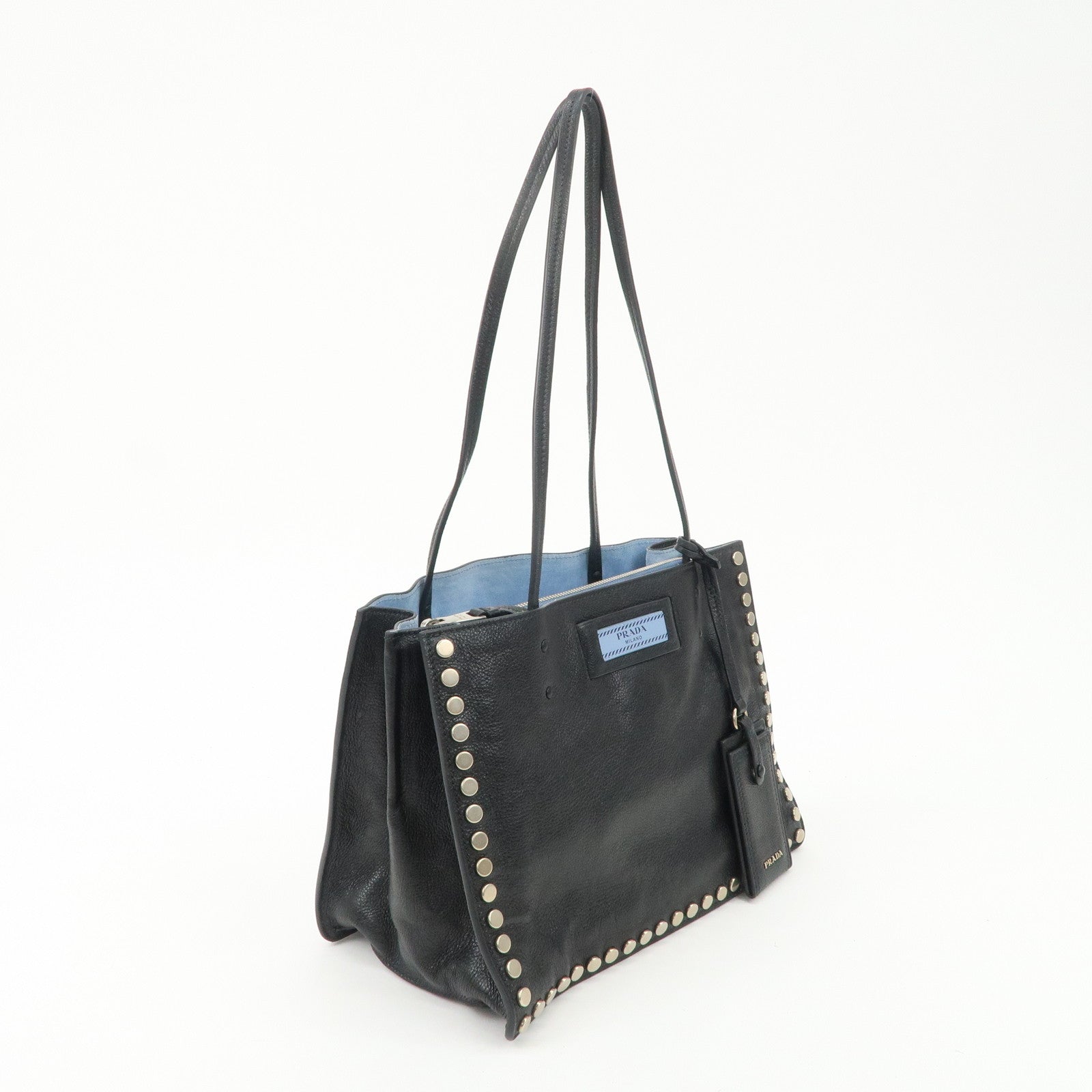 PRADA Logo Etiquette Leather Tote Bag Studs Black 1BG121