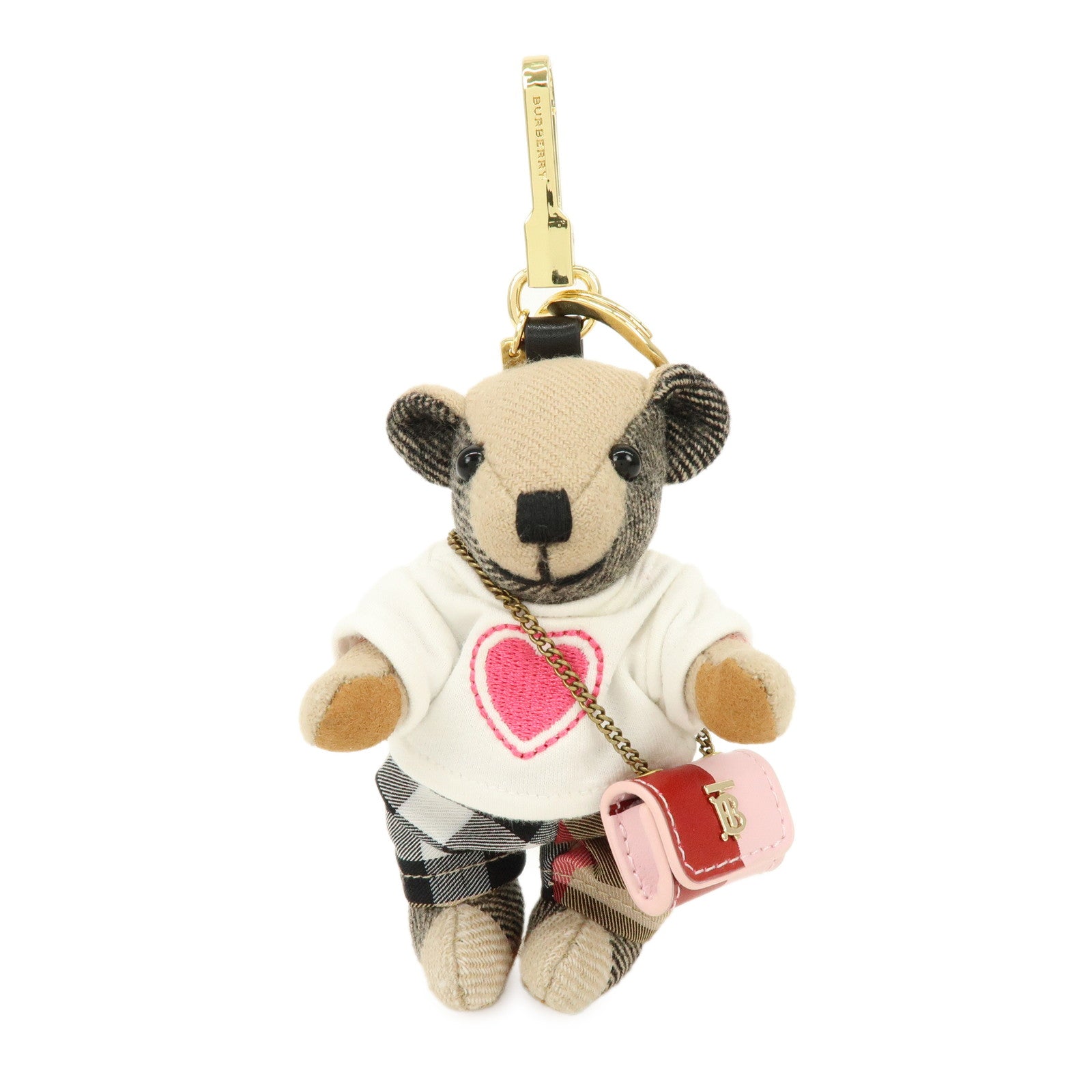 BURBERRY Nova Plaid Canvas Bear Bag Charm Key Holder Beige White