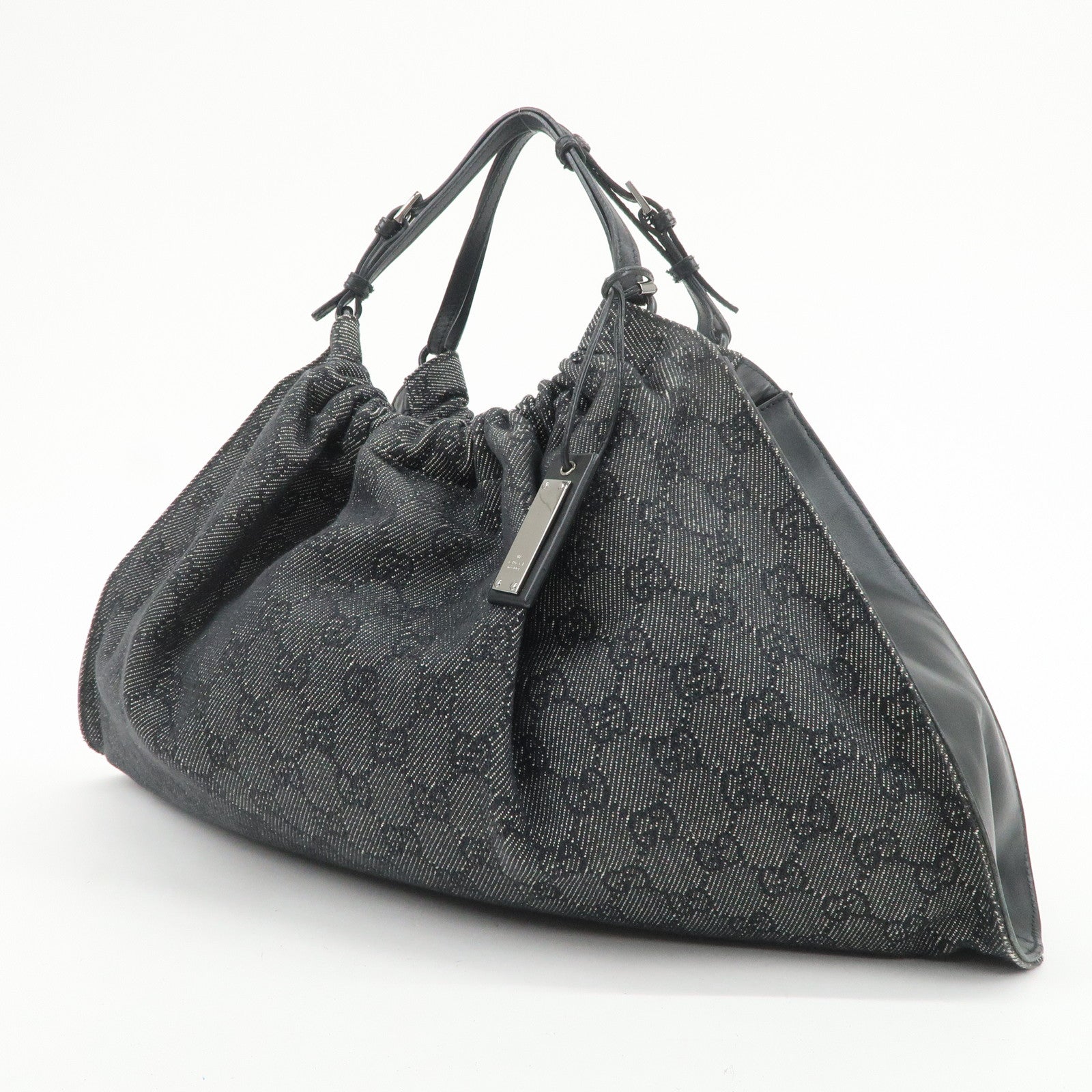 GUCCI GG Monogram Denim Canvas Leather Tote Hand Bag Black 76554