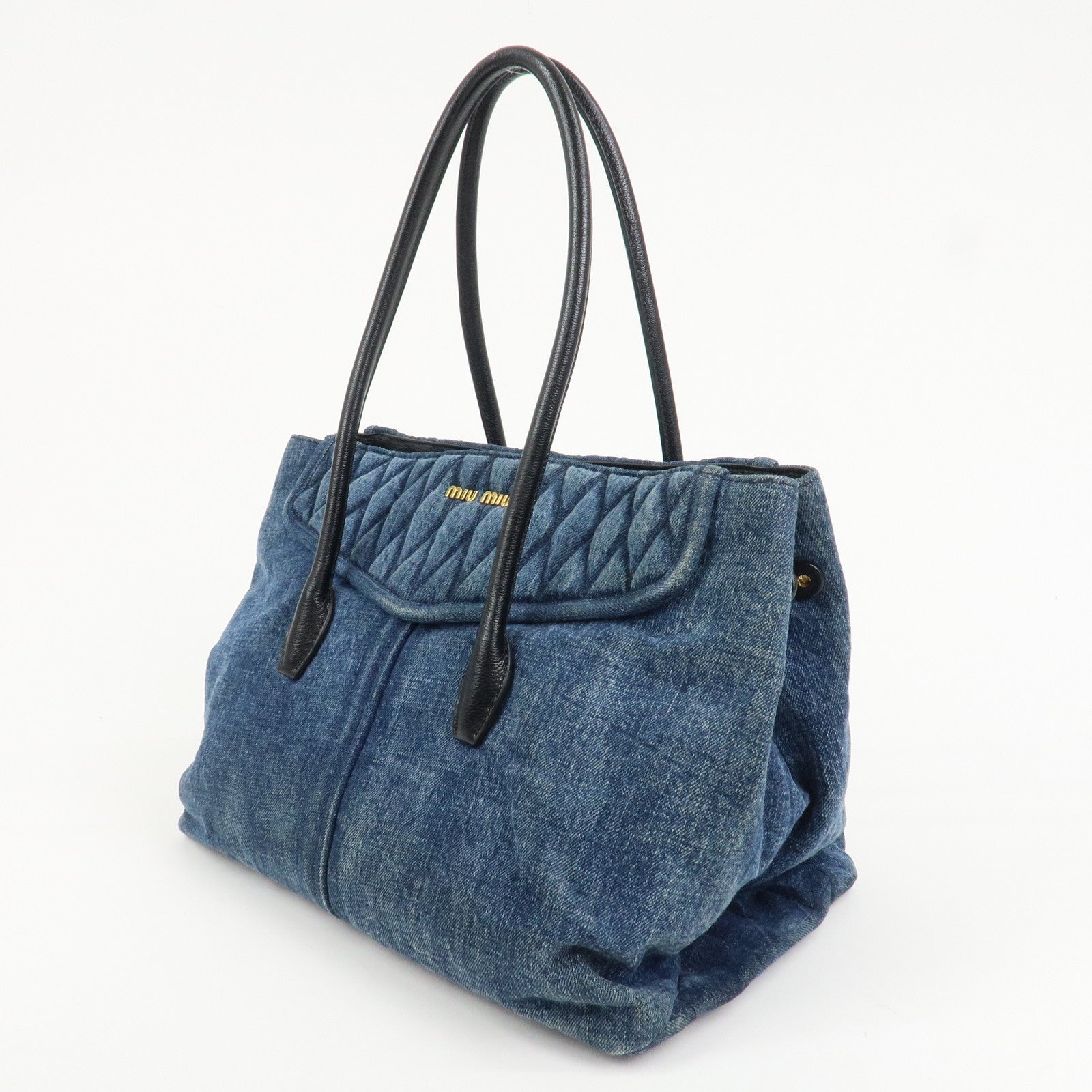 MIU MIU Biker Denim Leather Tote Bag Hand Bag Navy RR1932