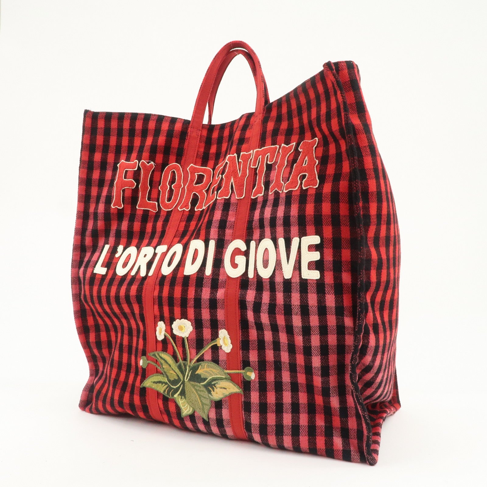 GUCCI Canvas Tote Bag Hand Bag Flower Plaid Red 484690