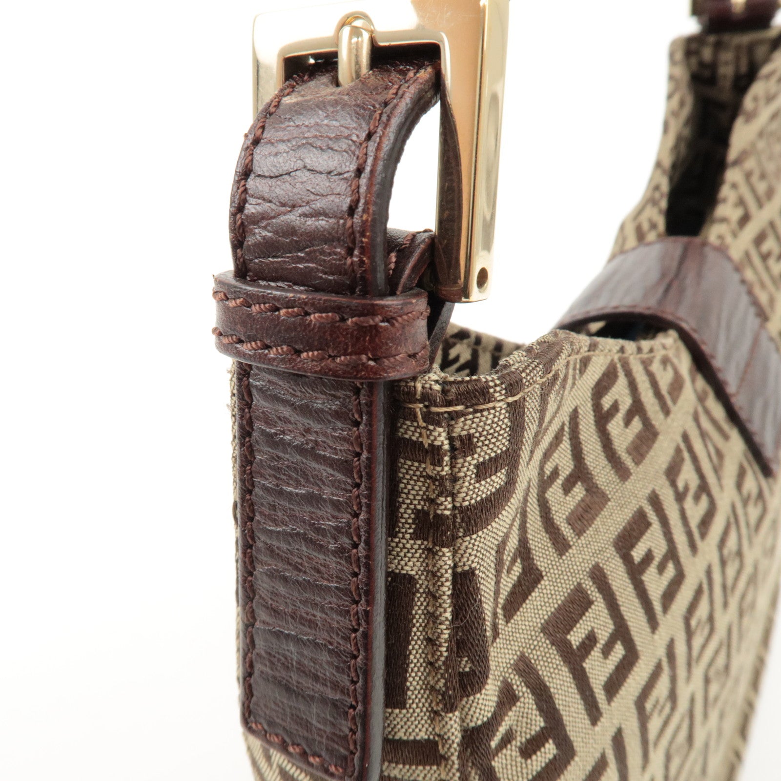 FENDI Zucchino Canvas Leather Shoulder Bag Beige Brown 8BR036 Used