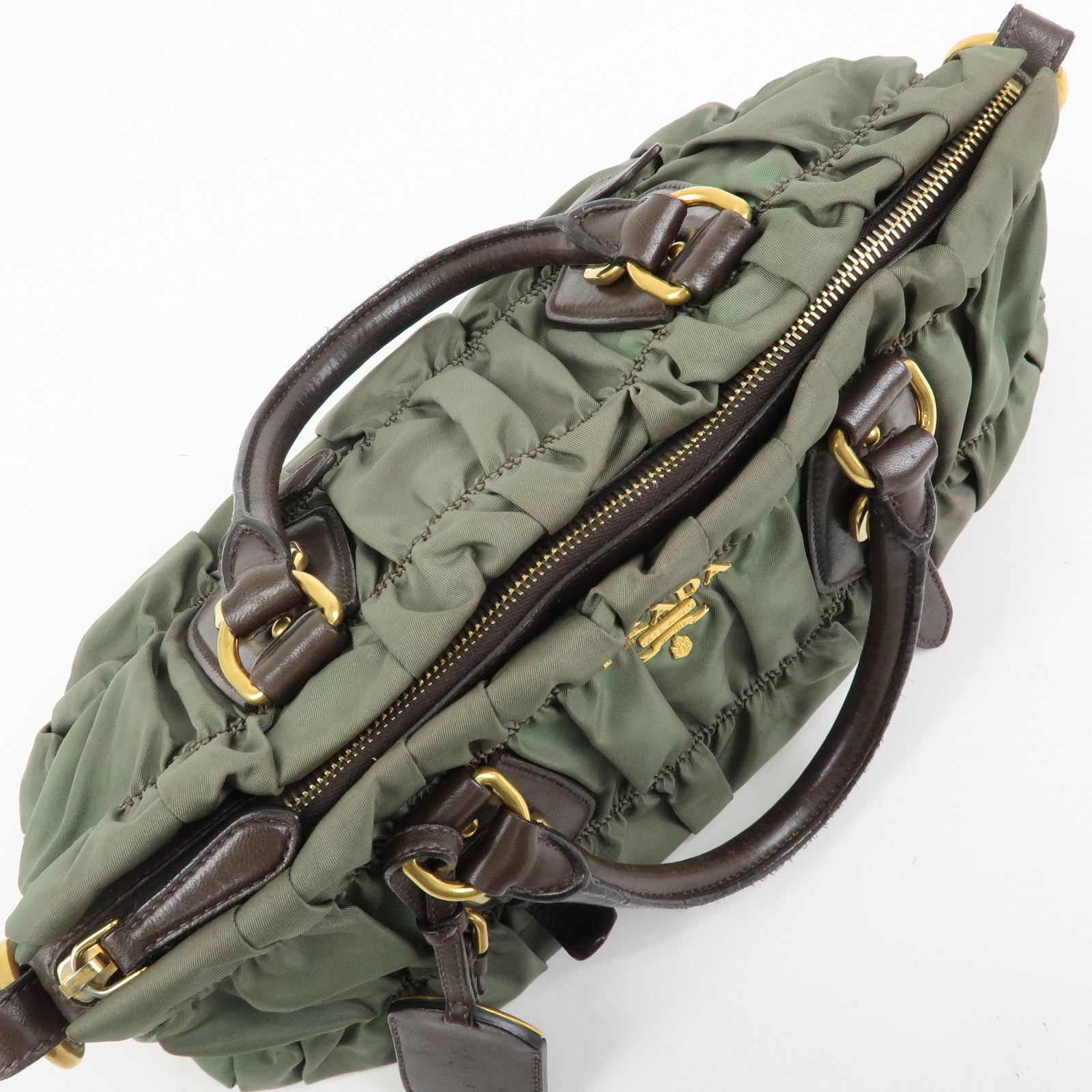 PRADA Nylon Leather Gathered 2Way Bag Hand Bag Khaki BN1407