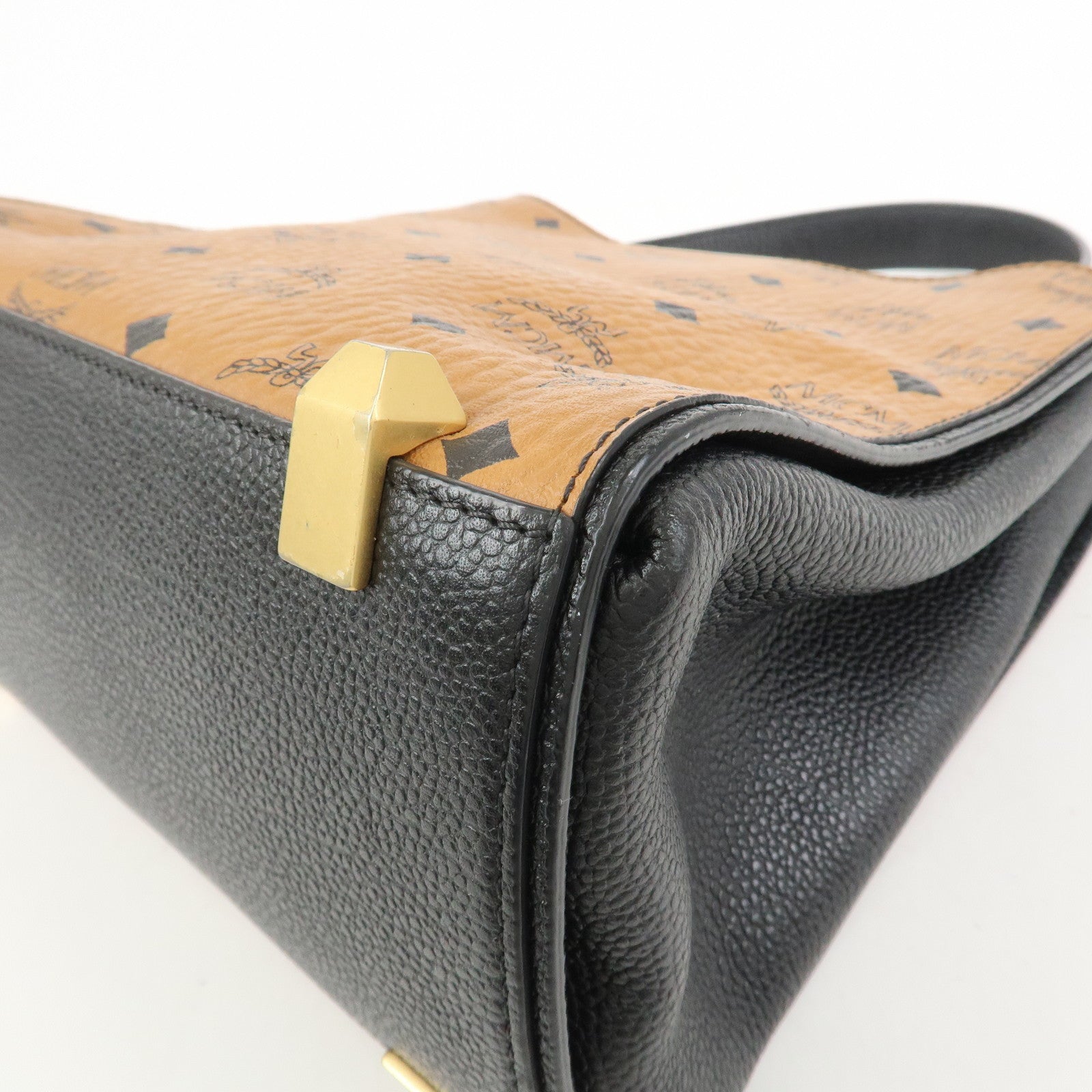 MCM Leather 2Way Bag Hand Bag Shoulder Bag Camel Black