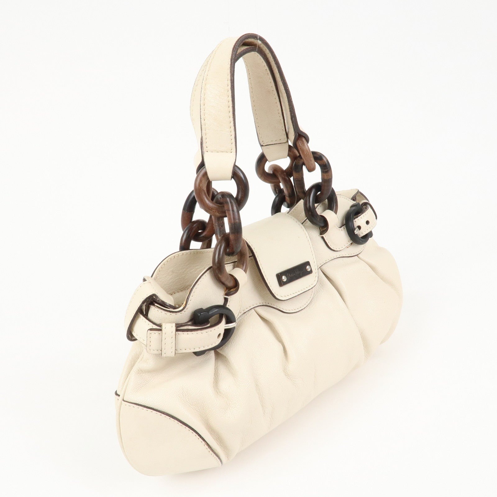 Ferragamo Leather 2 Way Bag Hand Bag Shoulder Bag Ivory