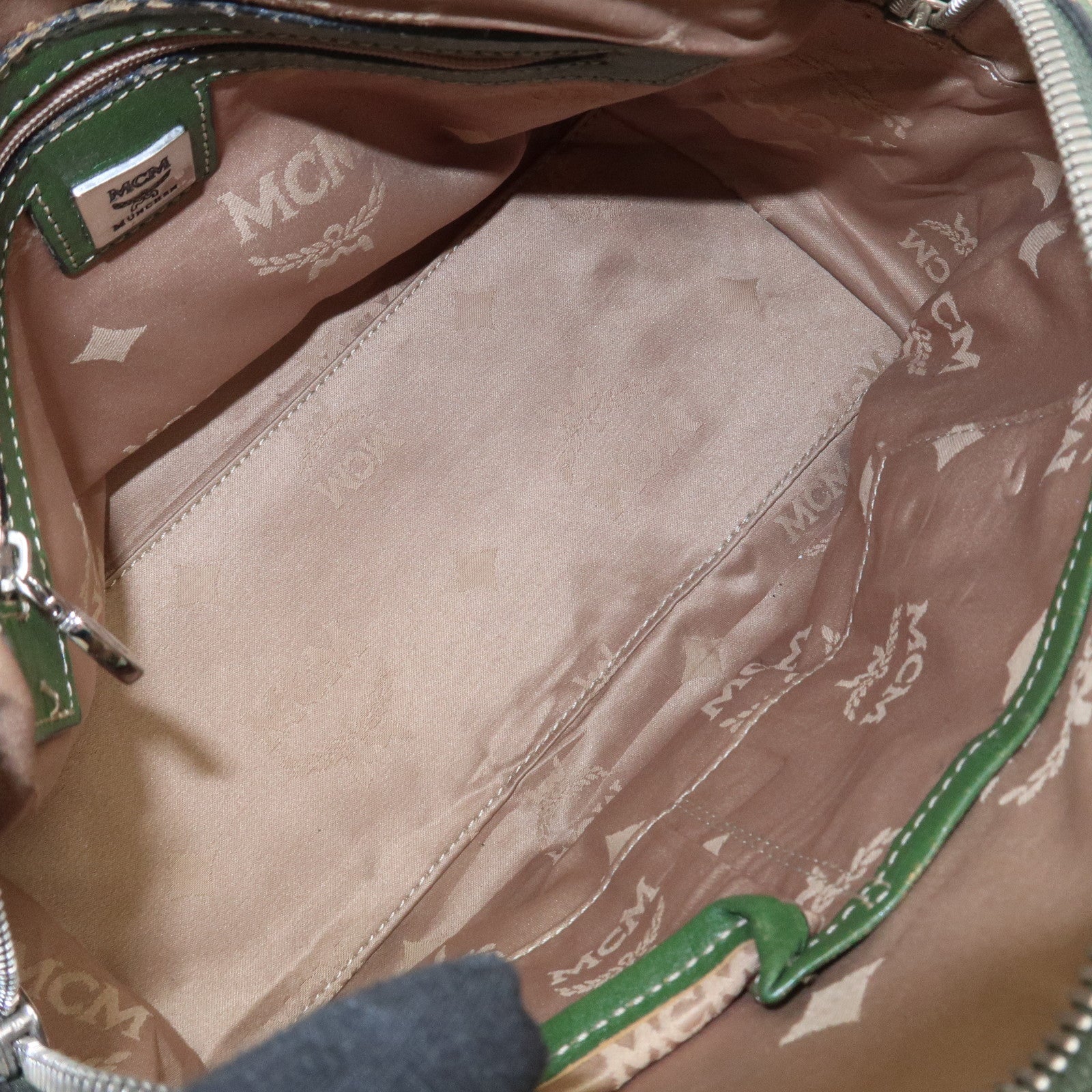 MCM Visetos PVC Coating Canvas Leather Boston Bag Beige Green