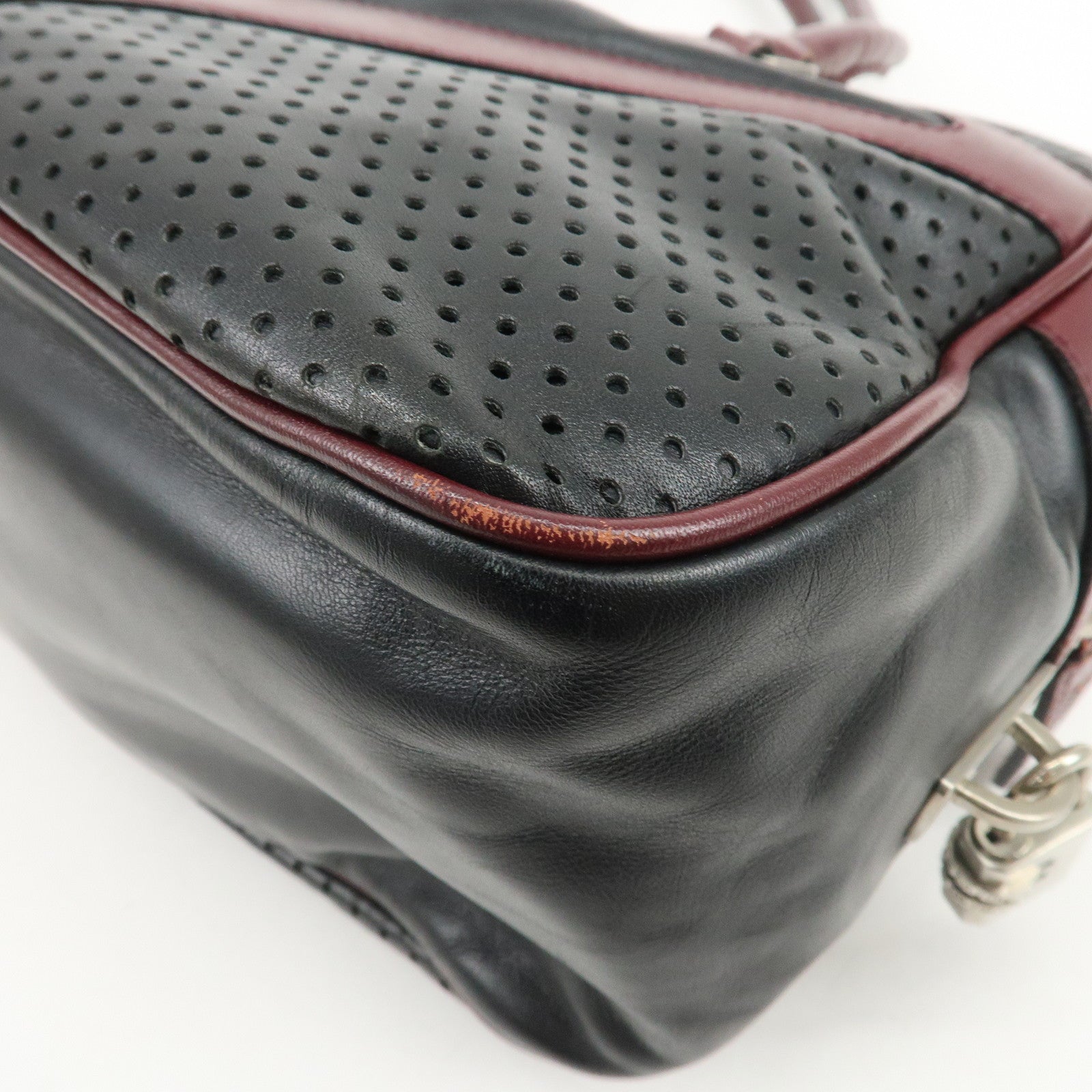 PRADA Leather Boston Bag Bowling Bag Hand Bag Black Bordeaux B10524