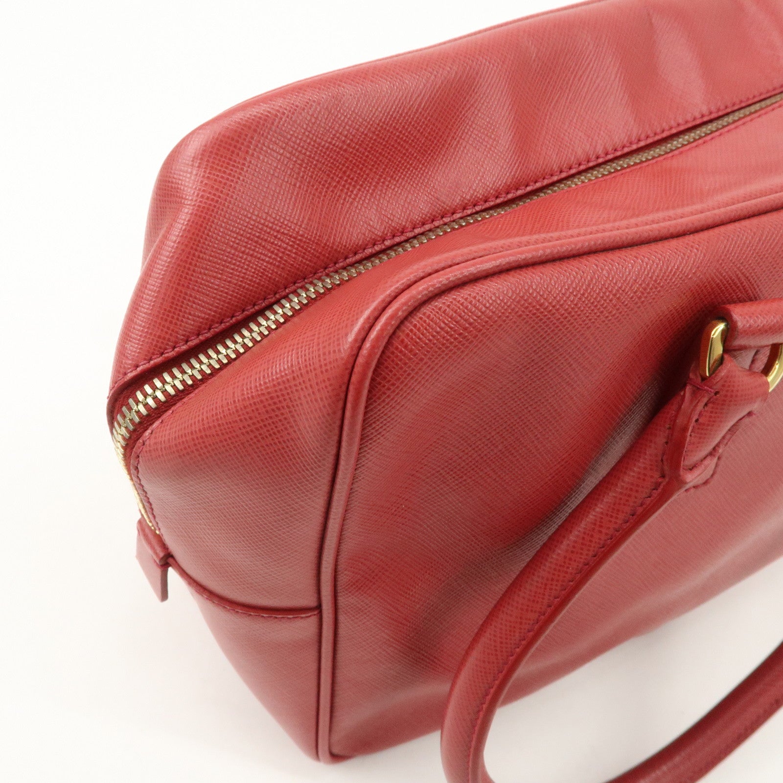 PRADA Triangle Logo Saffiano Leather Boston Bag Hand Bag Red BL0095 Used