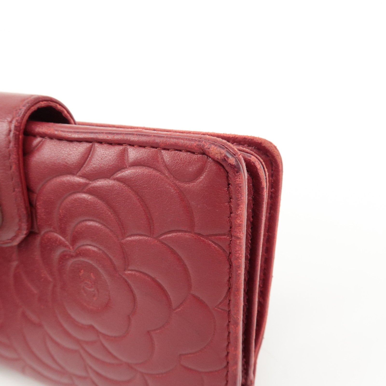 CHANEL COCO Mark Camelia Leather Bi-fold Wallet Red A50087 Used