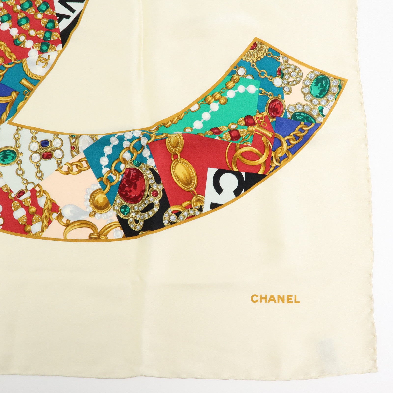 CHANEL COCO Mark Silk 100% Scarf Jewelry Motif Ivory Green