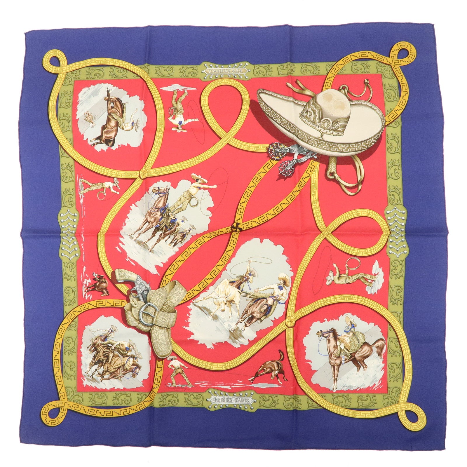 HERMES Carre 90 Silk 100% Scarf CHARREADA Gold Navy Red