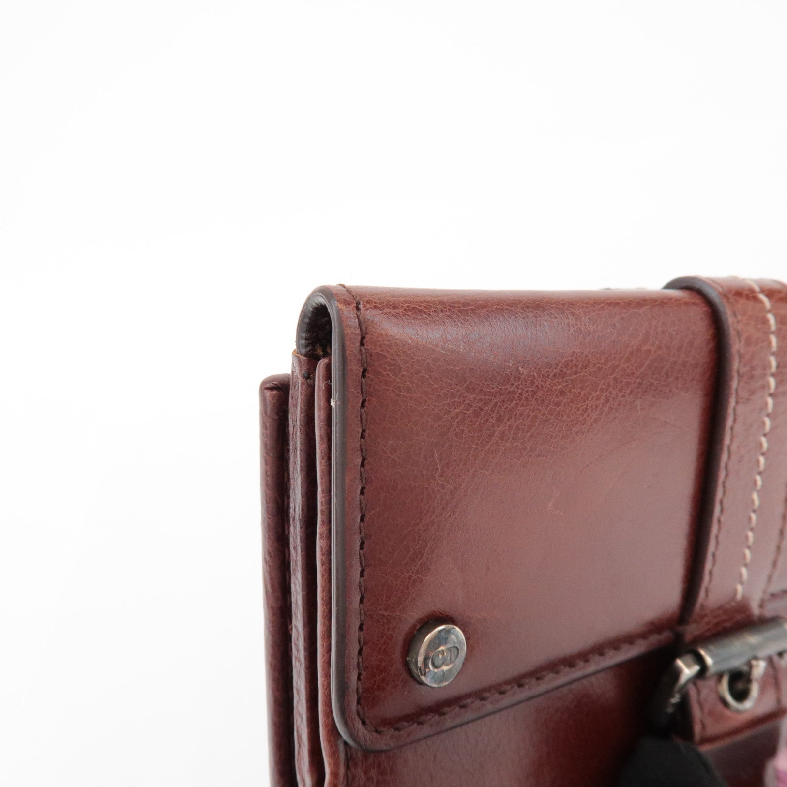 Christian Dior Leather Flower Embroidery Motif Compact Wallet Brown